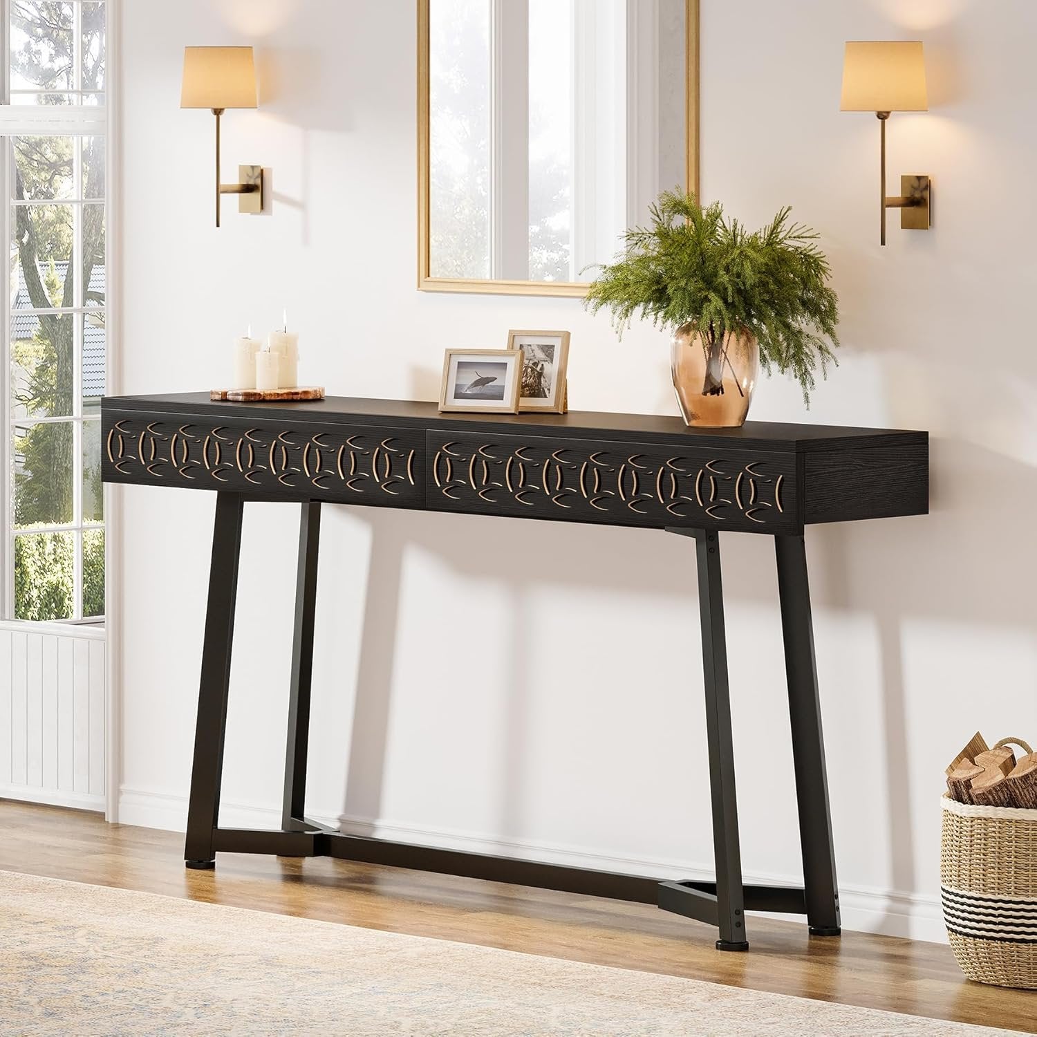 140 cm Moderne Konsole mit 2 Schubladen - Schmaler Couchtisch in Schwarz für Flur & Wohnzimmer
