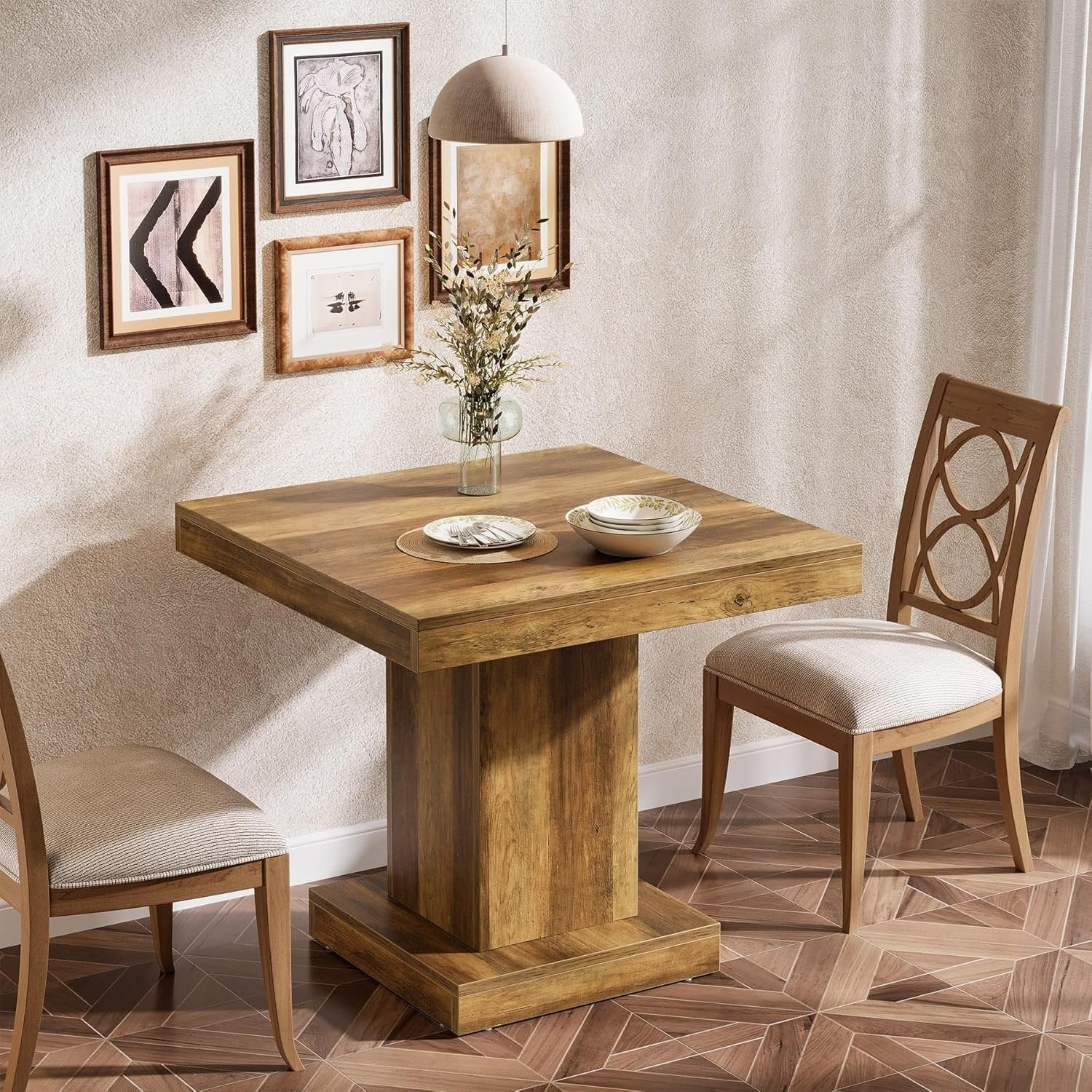 Quadratischer Esstisch für 4 Personen, Bauernhaus-Küchentisch aus Holz mit stabilem Sockel für Esszimmer & Zuhause