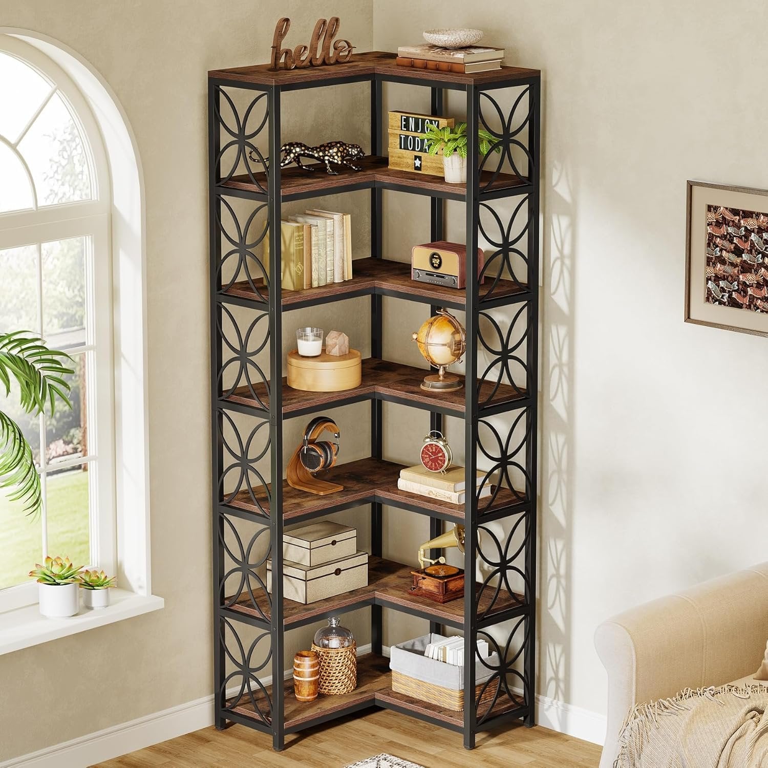 200 cm Hohes 7-Etagen-Eckregal - L-Förmiges Bücherregal Metallgestell Rustikal Braun-Schwarz