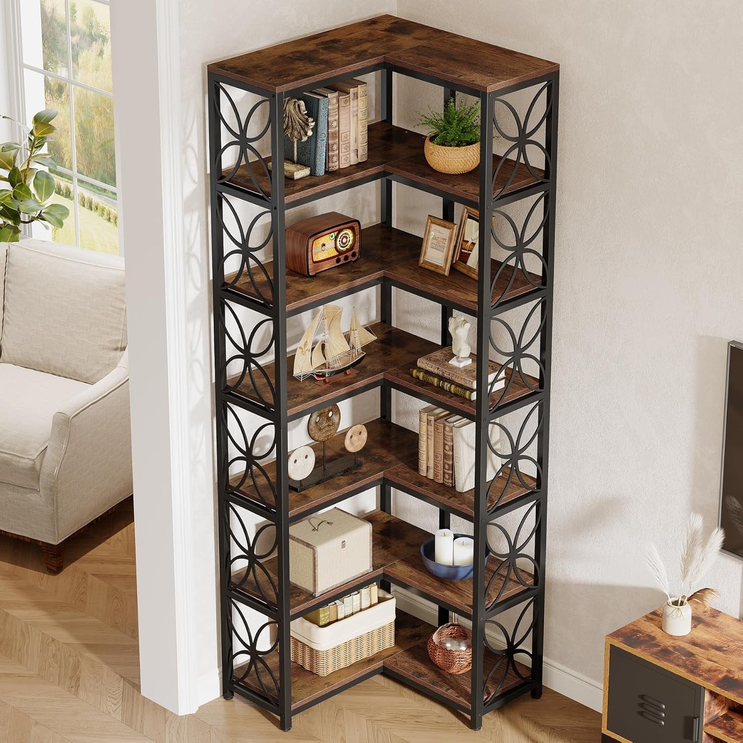 200 cm Hohes 7-Etagen-Eckregal - L-Förmiges Bücherregal Metallgestell Rustikal Braun-Schwarz