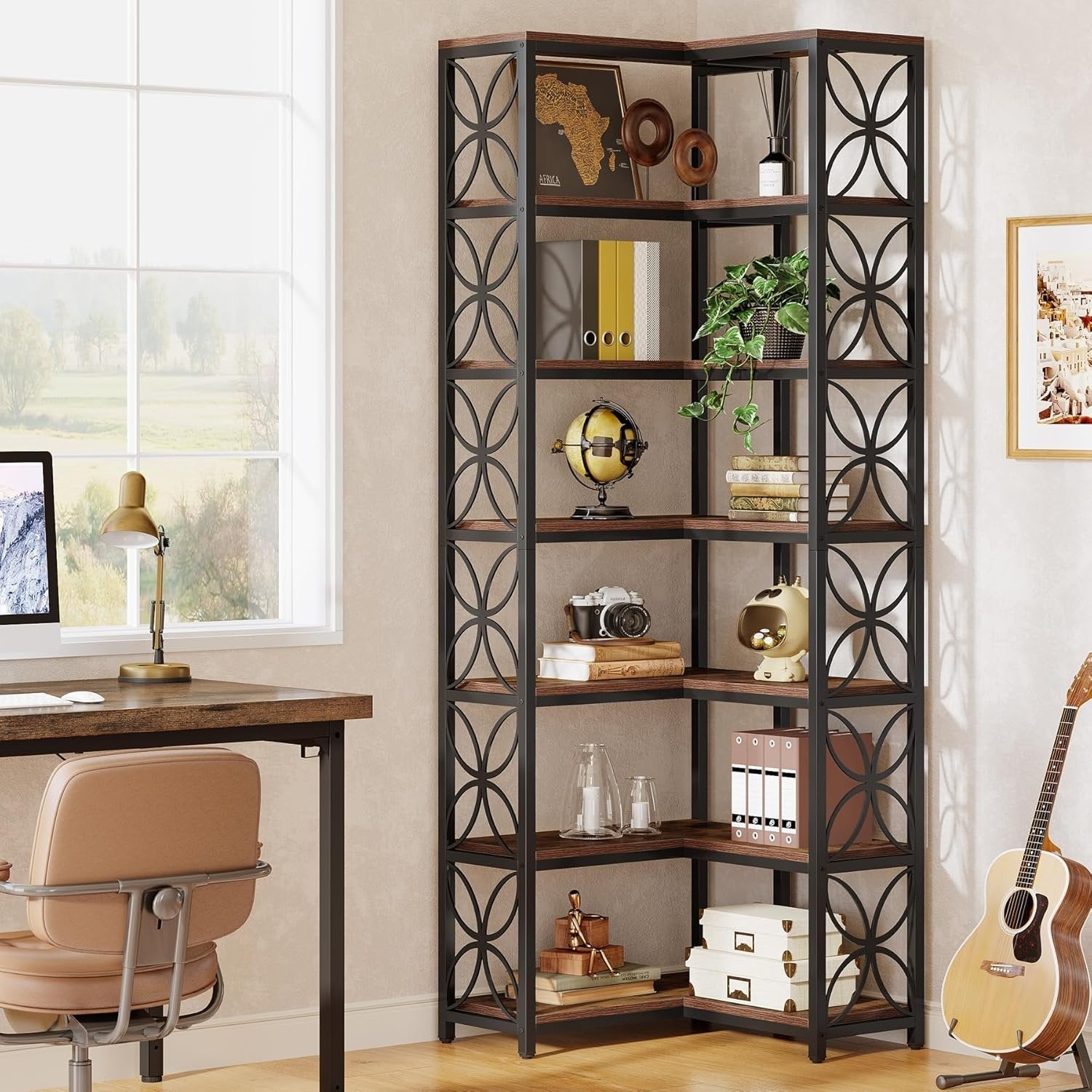 200 cm Hohes 7-Etagen-Eckregal - L-Förmiges Bücherregal Metallgestell Rustikal Braun-Schwarz