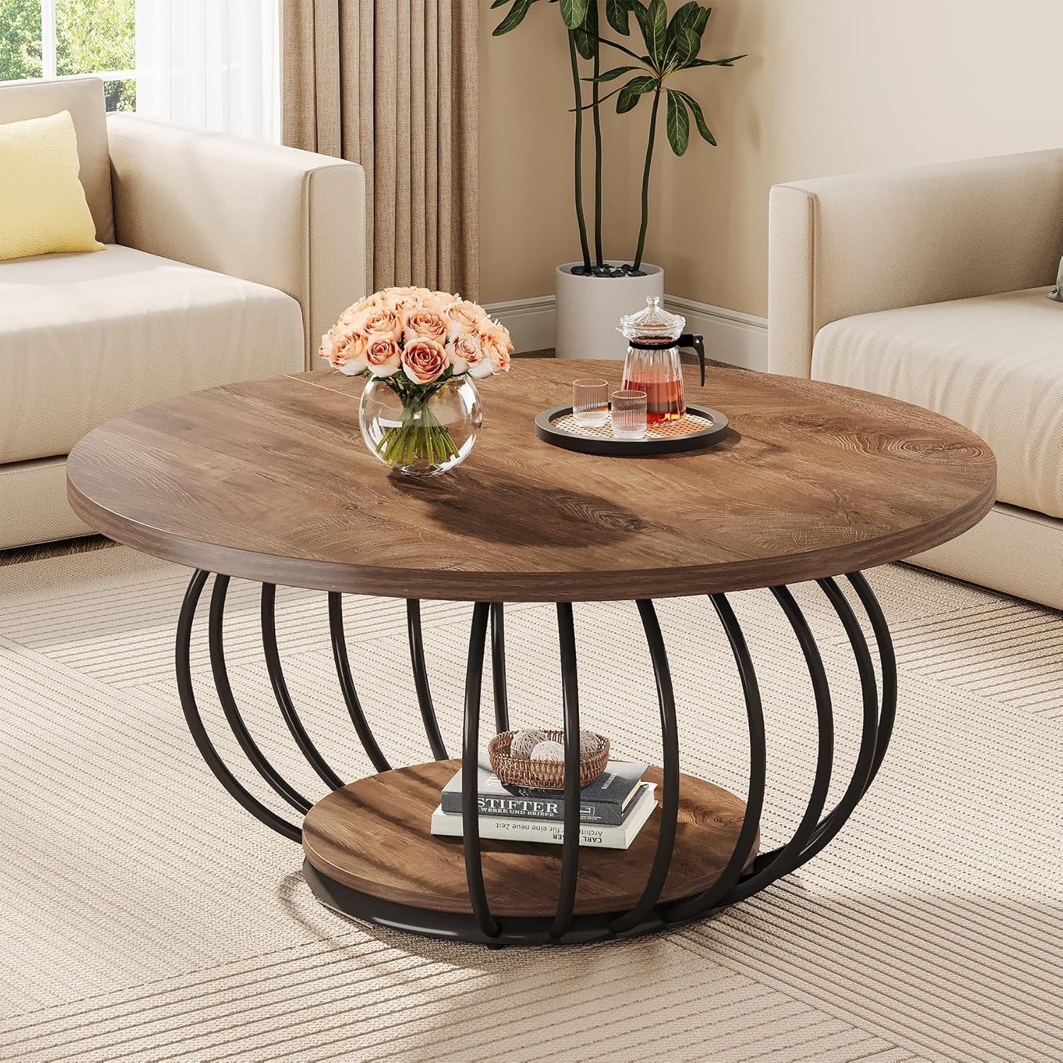 100 cm Industrieller Couchtisch - 2-stöckiger Rundtisch mit Metallgestell in Rustikal Braun & Schwarz