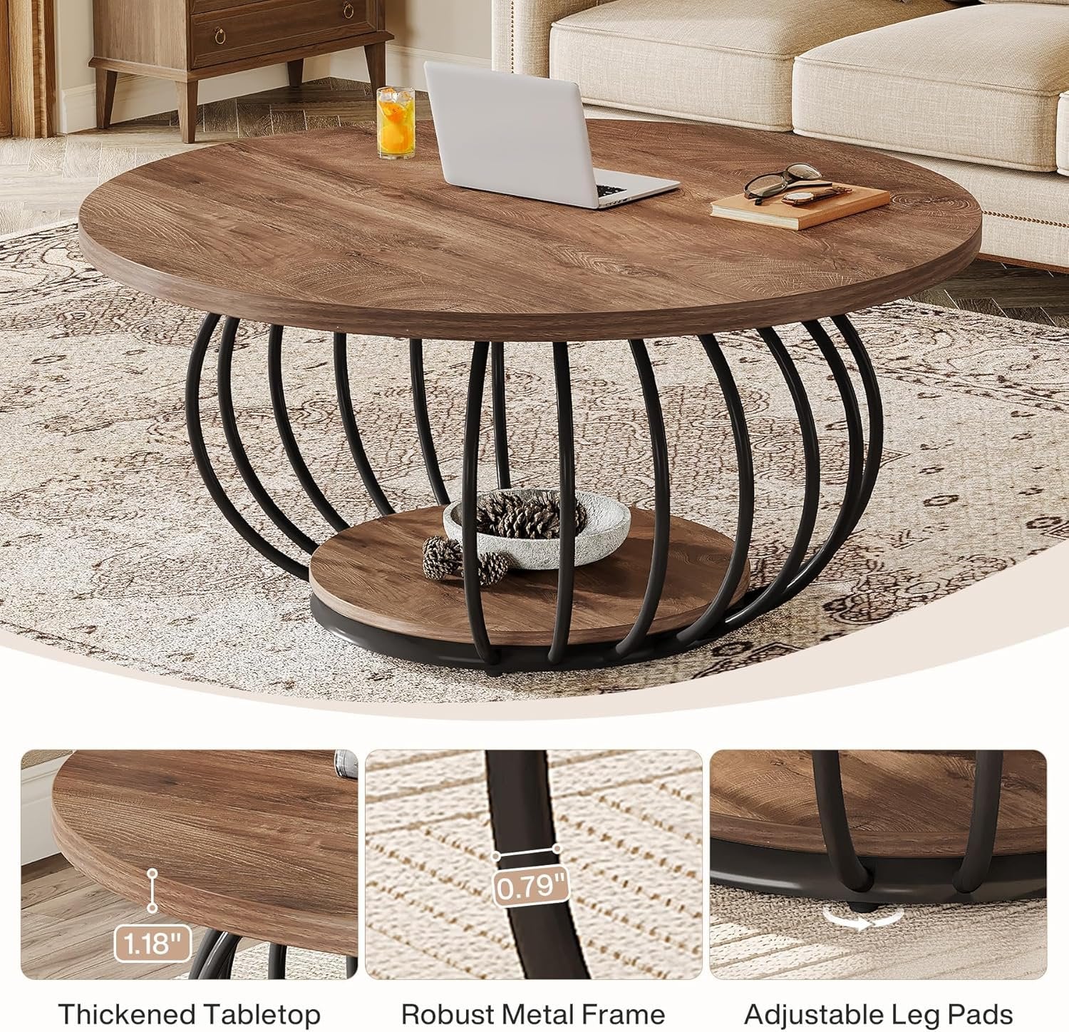 100 cm Industrieller Couchtisch - 2-stöckiger Rundtisch mit Metallgestell in Rustikal Braun & Schwarz