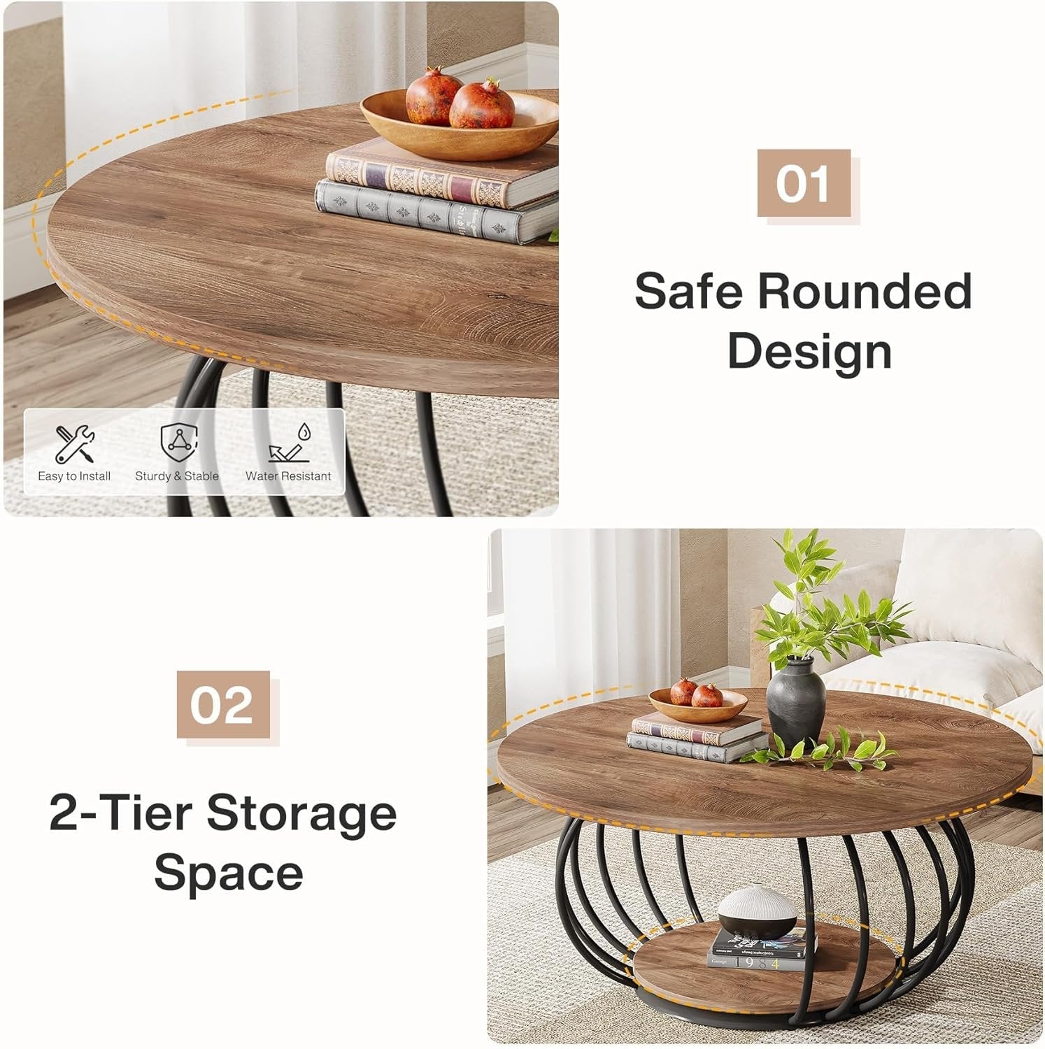 100 cm Industrieller Couchtisch - 2-stöckiger Rundtisch mit Metallgestell in Rustikal Braun & Schwarz