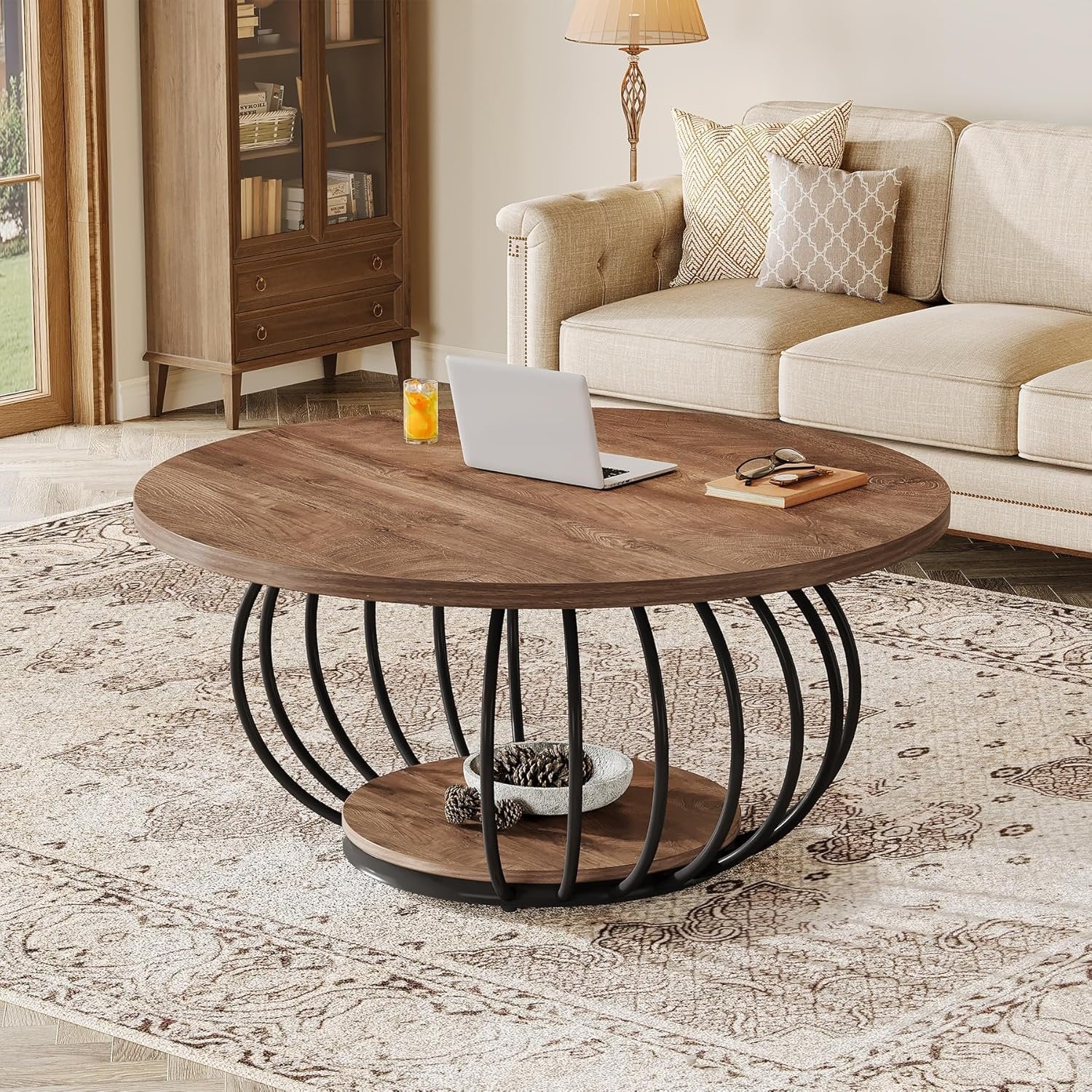 100 cm Industrieller Couchtisch - 2-stöckiger Rundtisch mit Metallgestell in Rustikal Braun & Schwarz