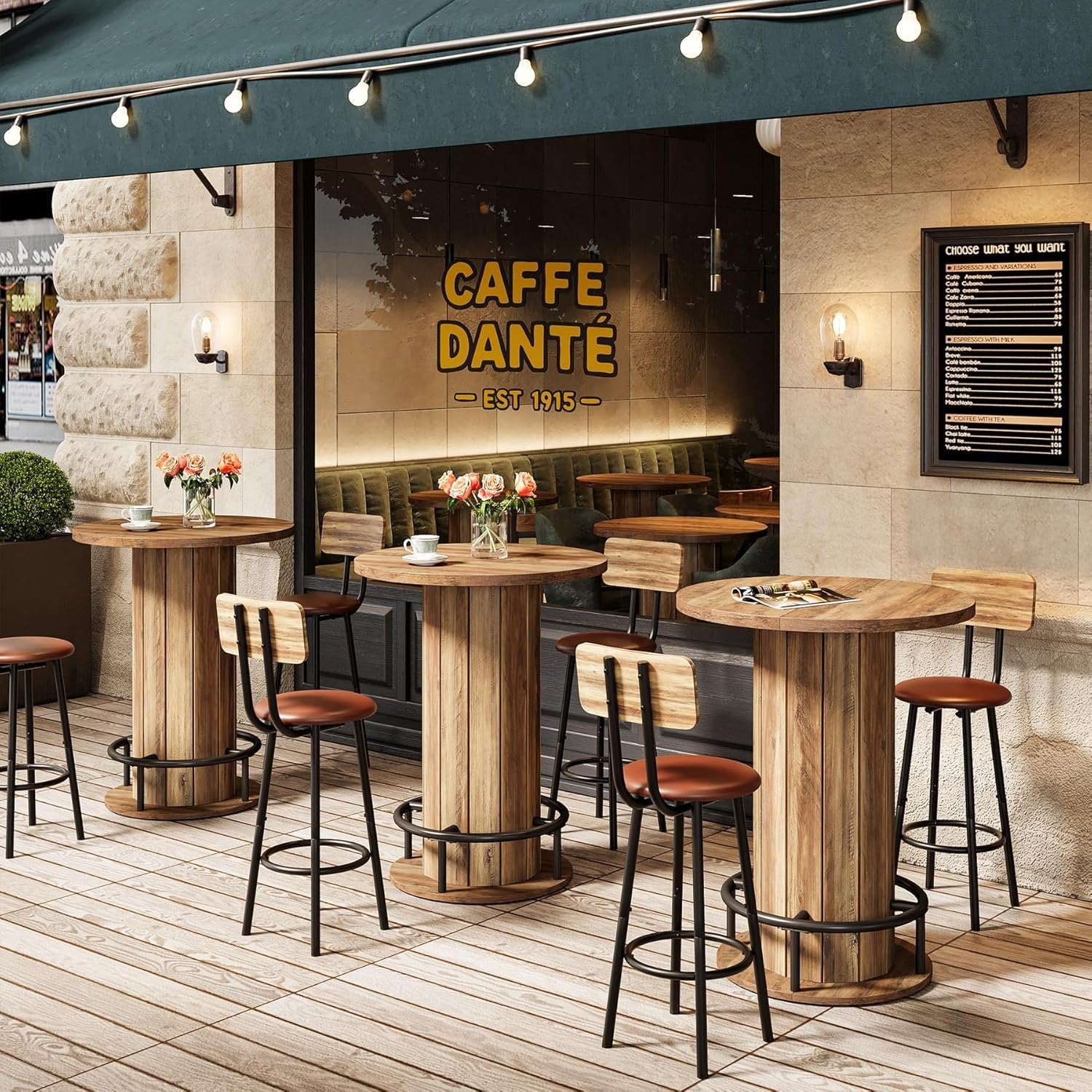 100 cm Runder Esstisch mit Holzstreifen-Basis - Kleiner Kreistisch mit Fußstütze in Braun für Küche & Minibar