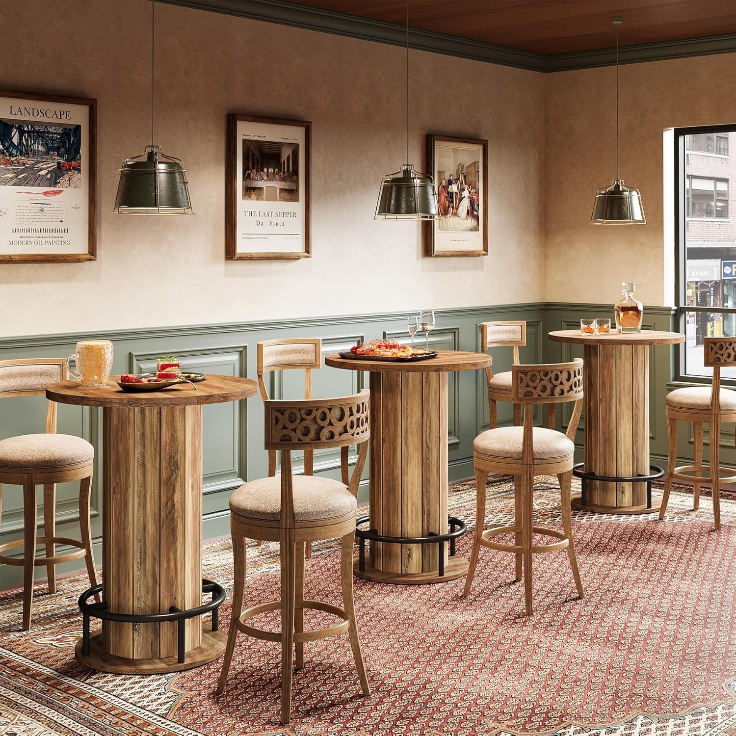 100 cm Runder Esstisch mit Holzstreifen-Basis - Kleiner Kreistisch mit Fußstütze in Braun für Küche & Minibar