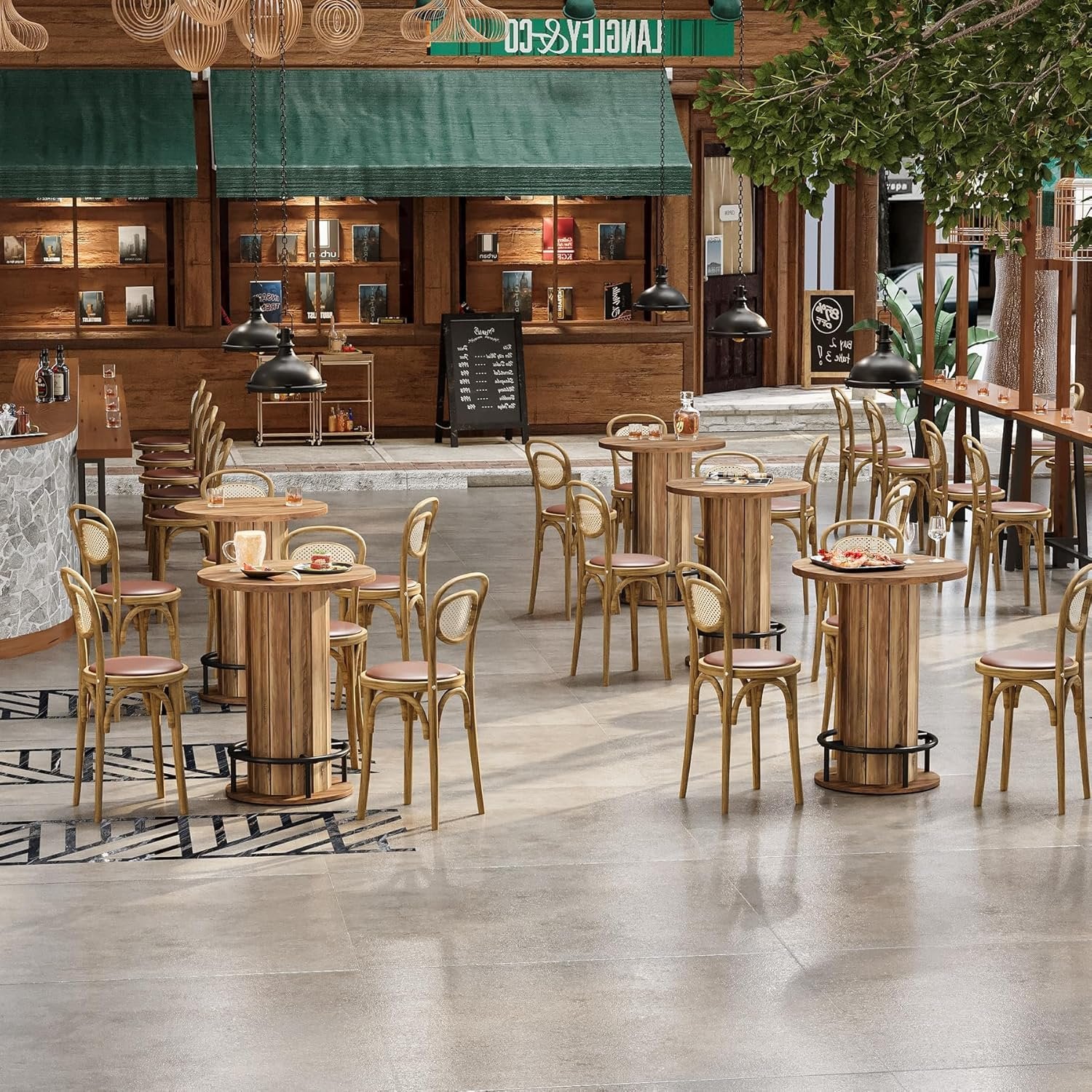 100 cm Runder Esstisch mit Holzstreifen-Basis - Kleiner Kreistisch mit Fußstütze in Braun für Küche & Minibar