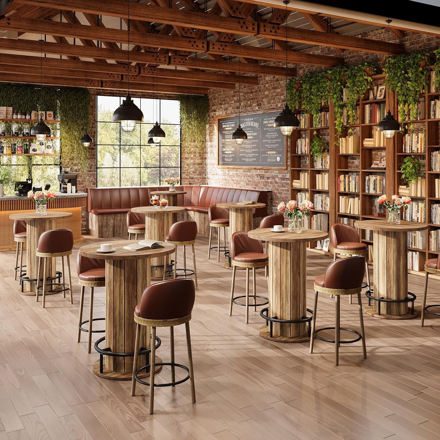 100 cm Runder Esstisch mit Holzstreifen-Basis - Kleiner Kreistisch mit Fußstütze in Braun für Küche & Minibar