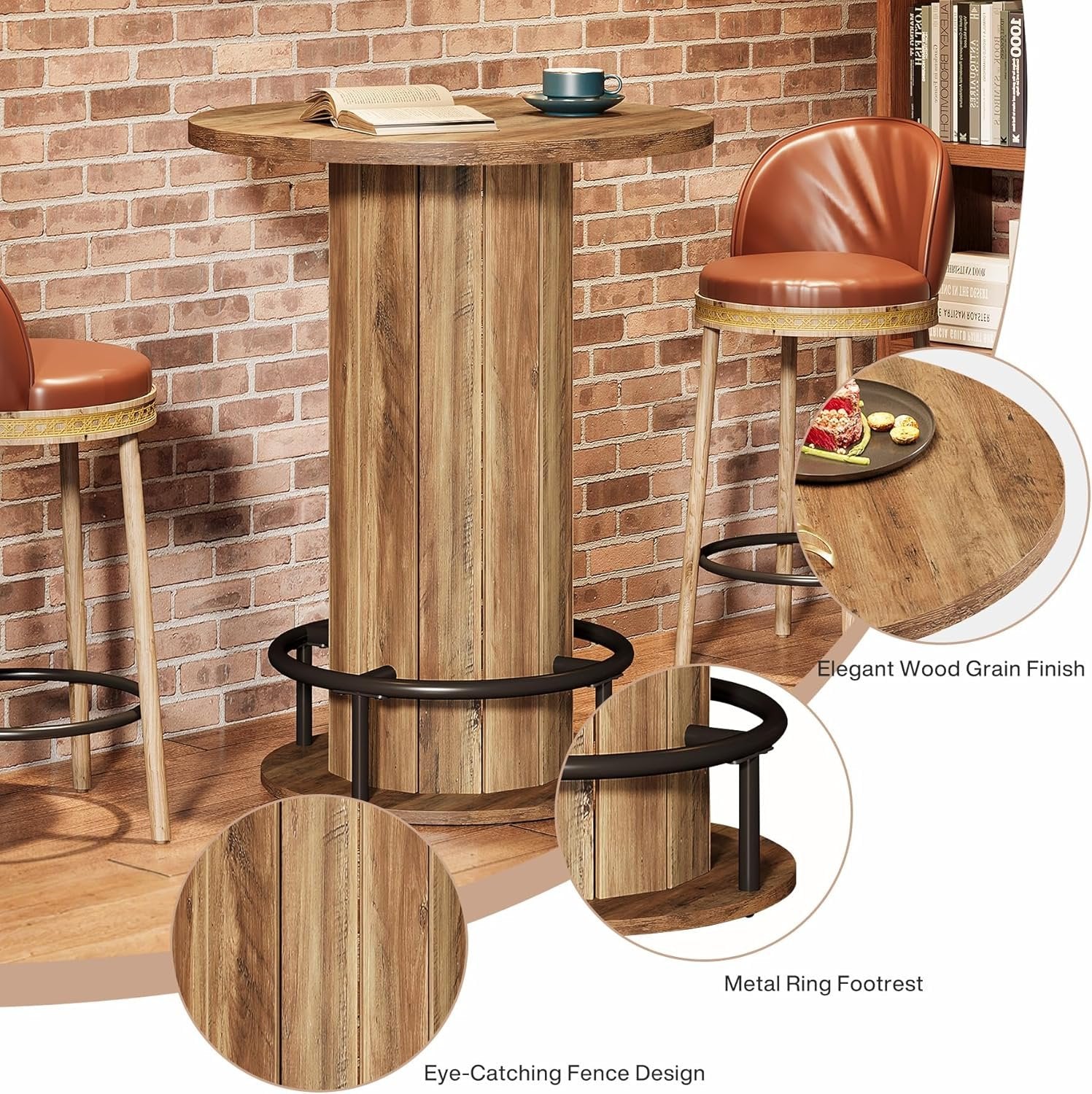 100 cm Runder Esstisch mit Holzstreifen-Basis - Kleiner Kreistisch mit Fußstütze in Braun für Küche & Minibar