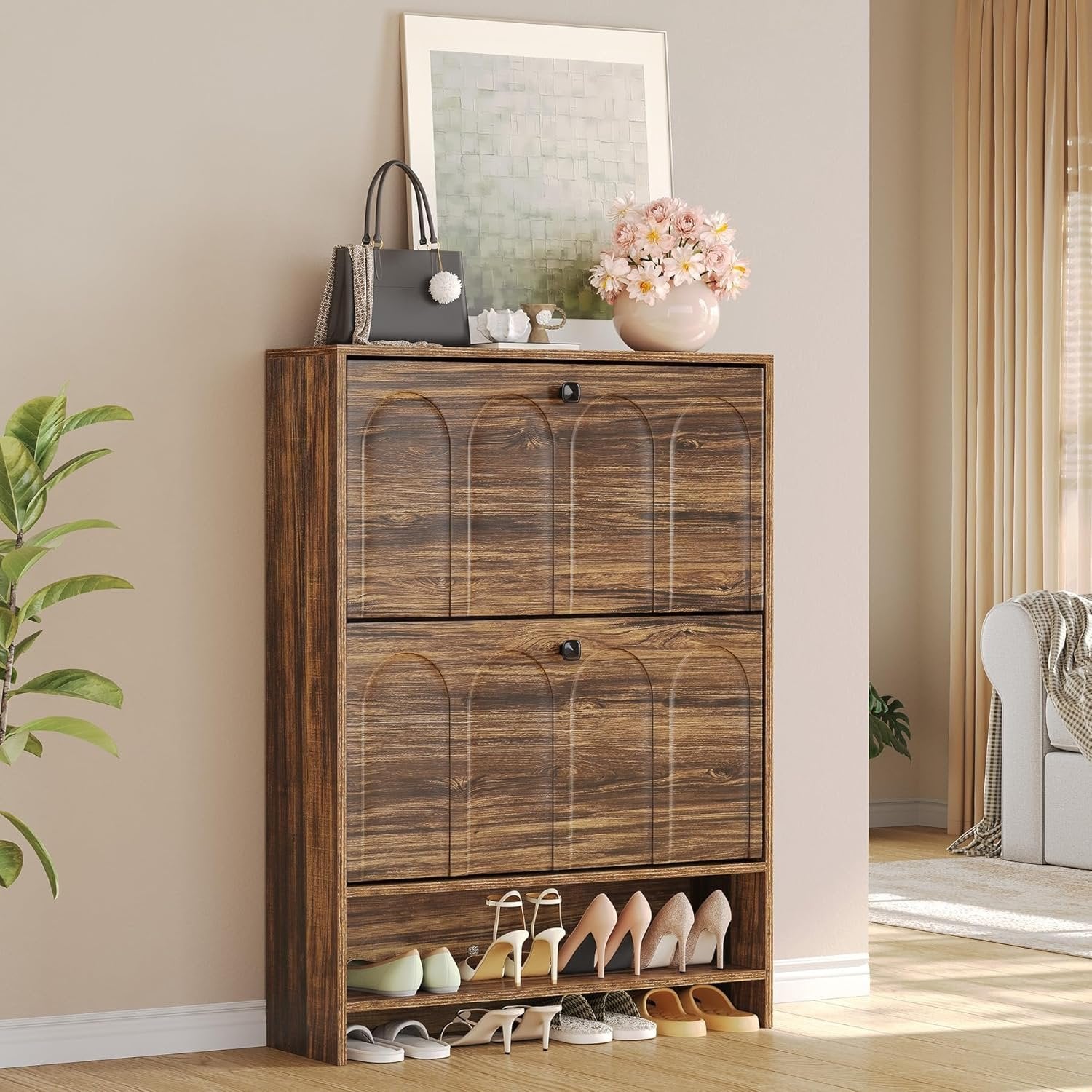 80 cm Schmaler Schuhschrank mit 2 Klappfächern - Freistehner Schuhorganizer in Nussbaum für Flur & Eingang