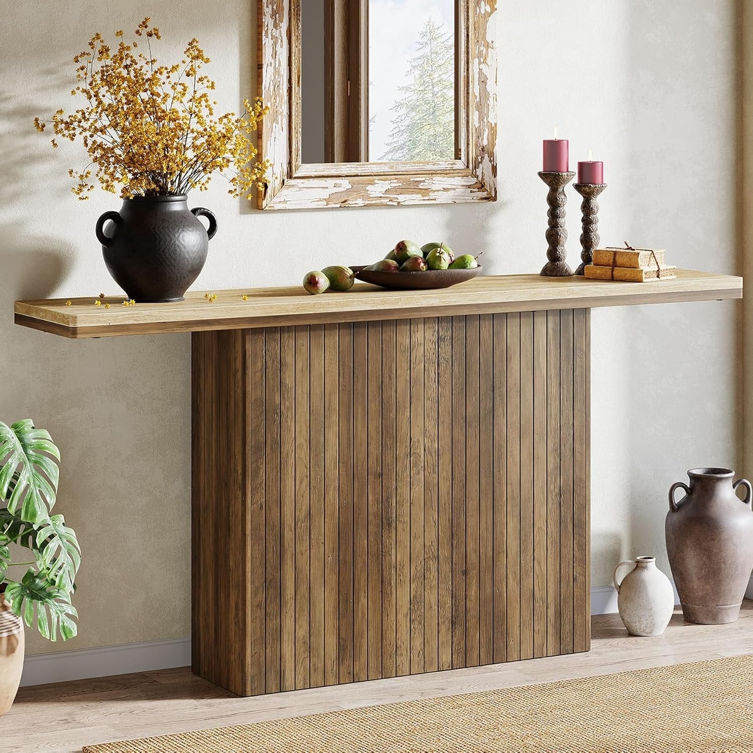160 cm Landhaus-Konsole mit Rillendesign - Rustikal Braun & Naturfarben für Flur & Wohnzimmer