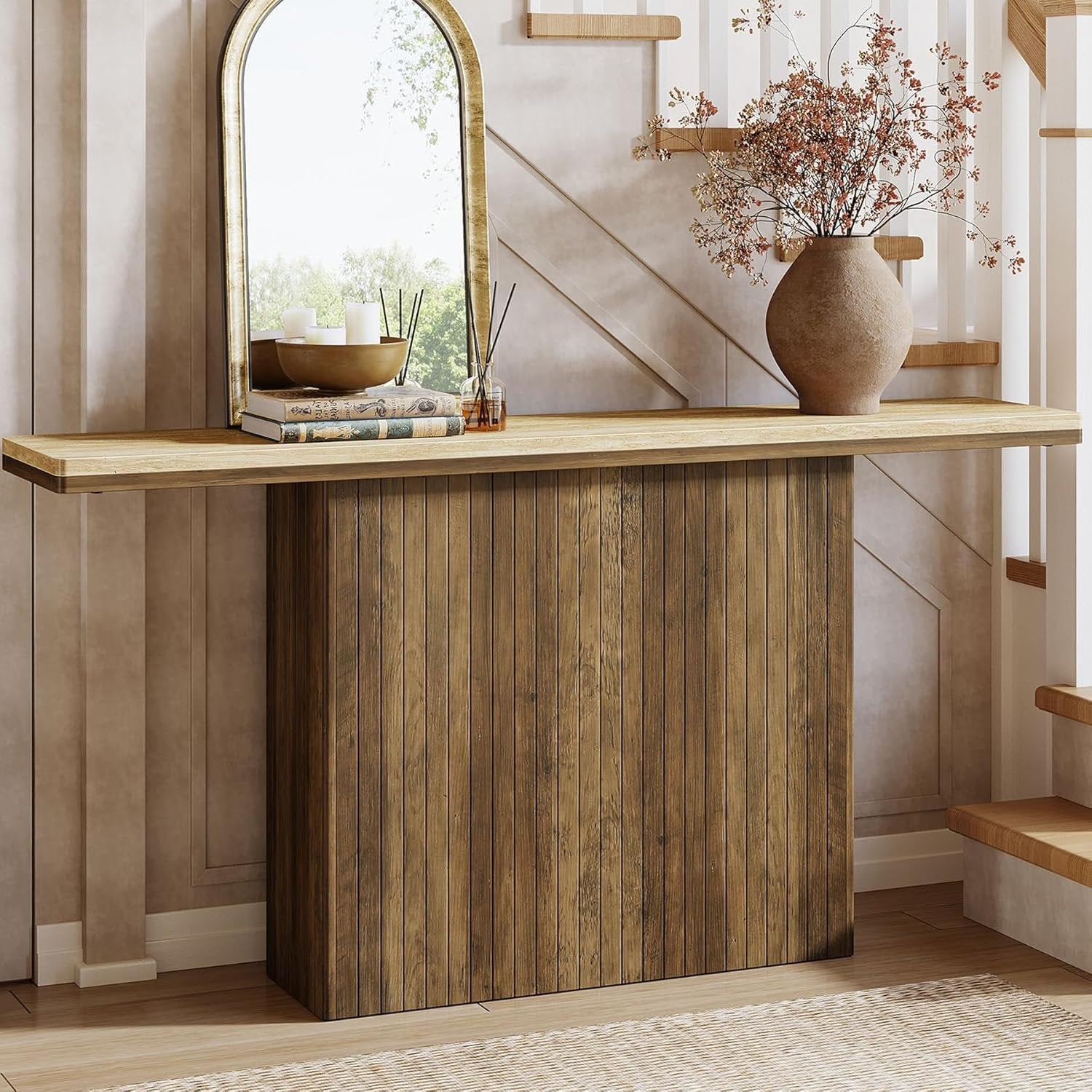 160 cm Landhaus-Konsole mit Rillendesign - Rustikal Braun & Naturfarben für Flur & Wohnzimmer