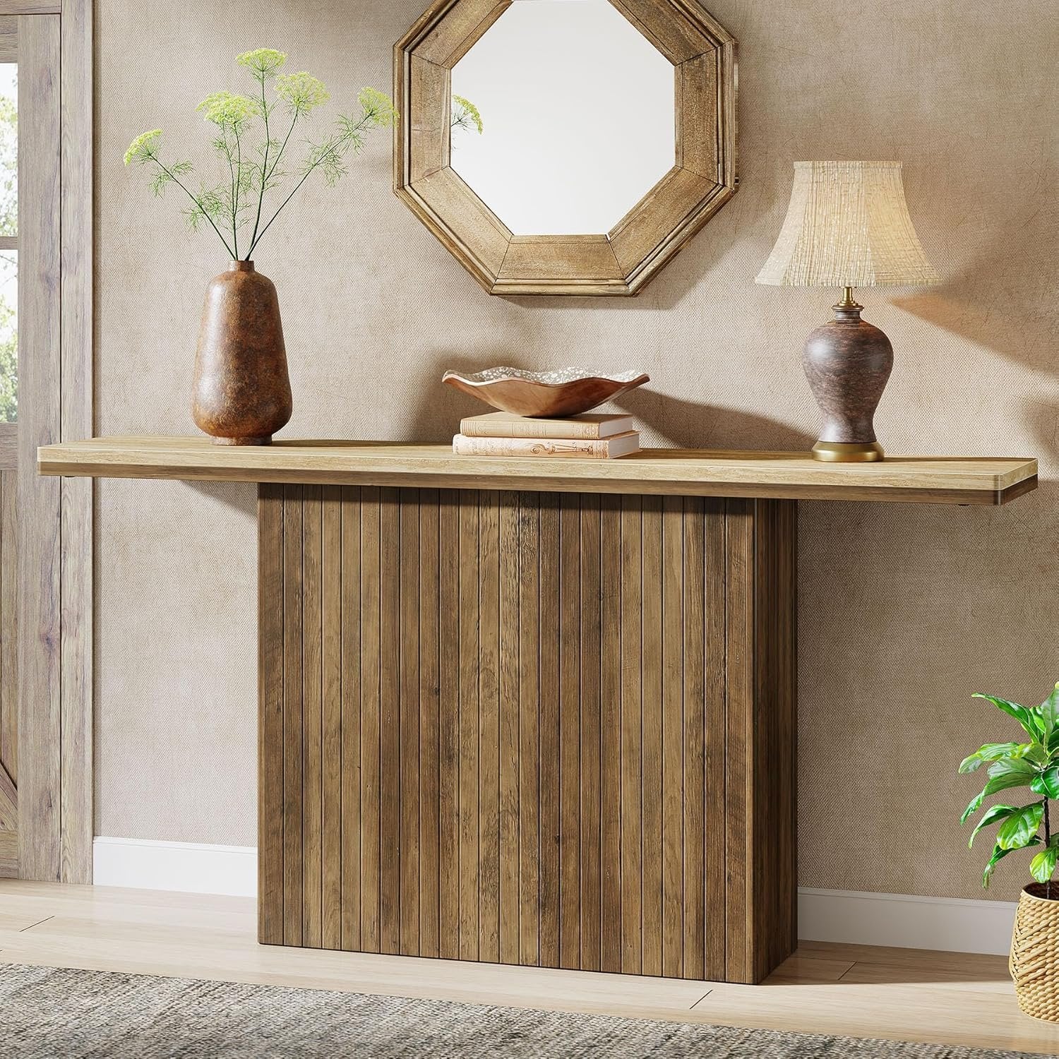 160 cm Landhaus-Konsole mit Rillendesign - Rustikal Braun & Naturfarben für Flur & Wohnzimmer
