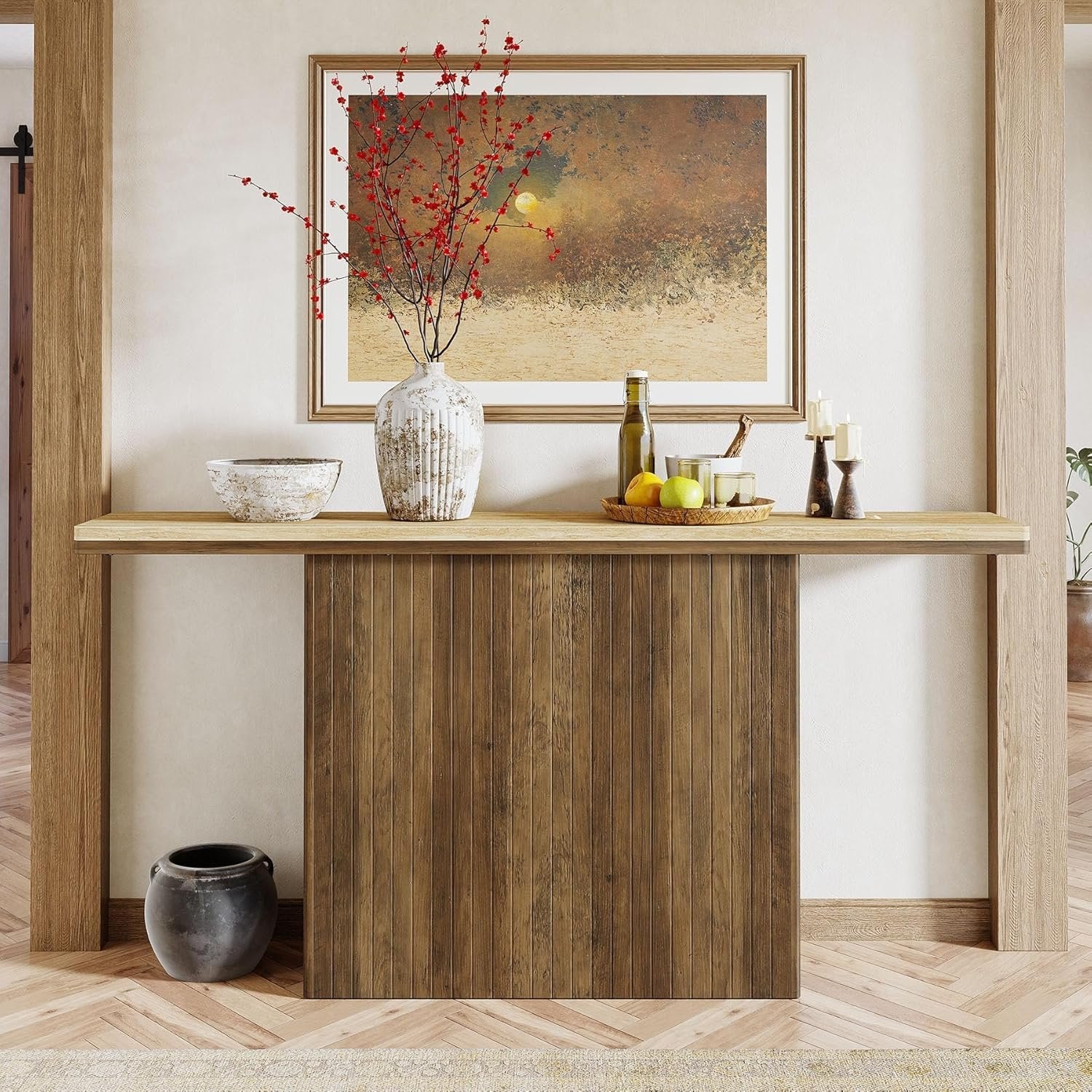 160 cm Landhaus-Konsole mit Rillendesign - Rustikal Braun & Naturfarben für Flur & Wohnzimmer