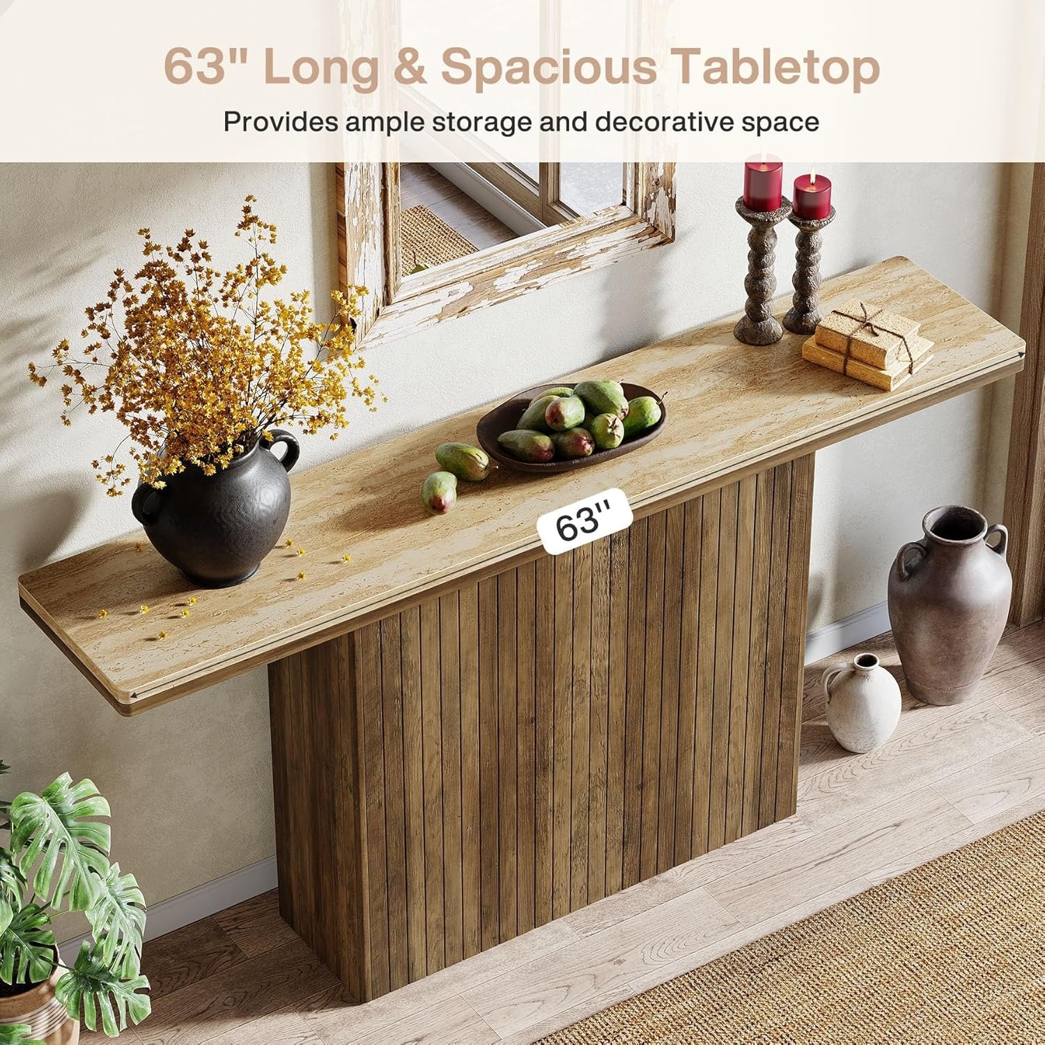 160 cm Landhaus-Konsole mit Rillendesign - Rustikal Braun & Naturfarben für Flur & Wohnzimmer