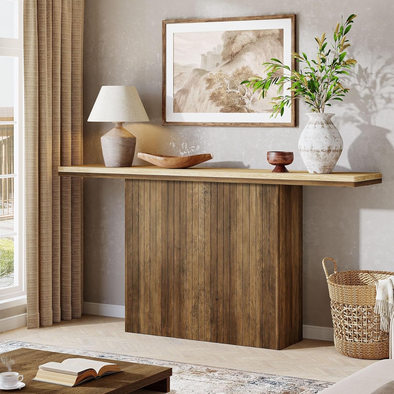 160 cm Landhaus-Konsole mit Rillendesign - Rustikal Braun & Naturfarben für Flur & Wohnzimmer