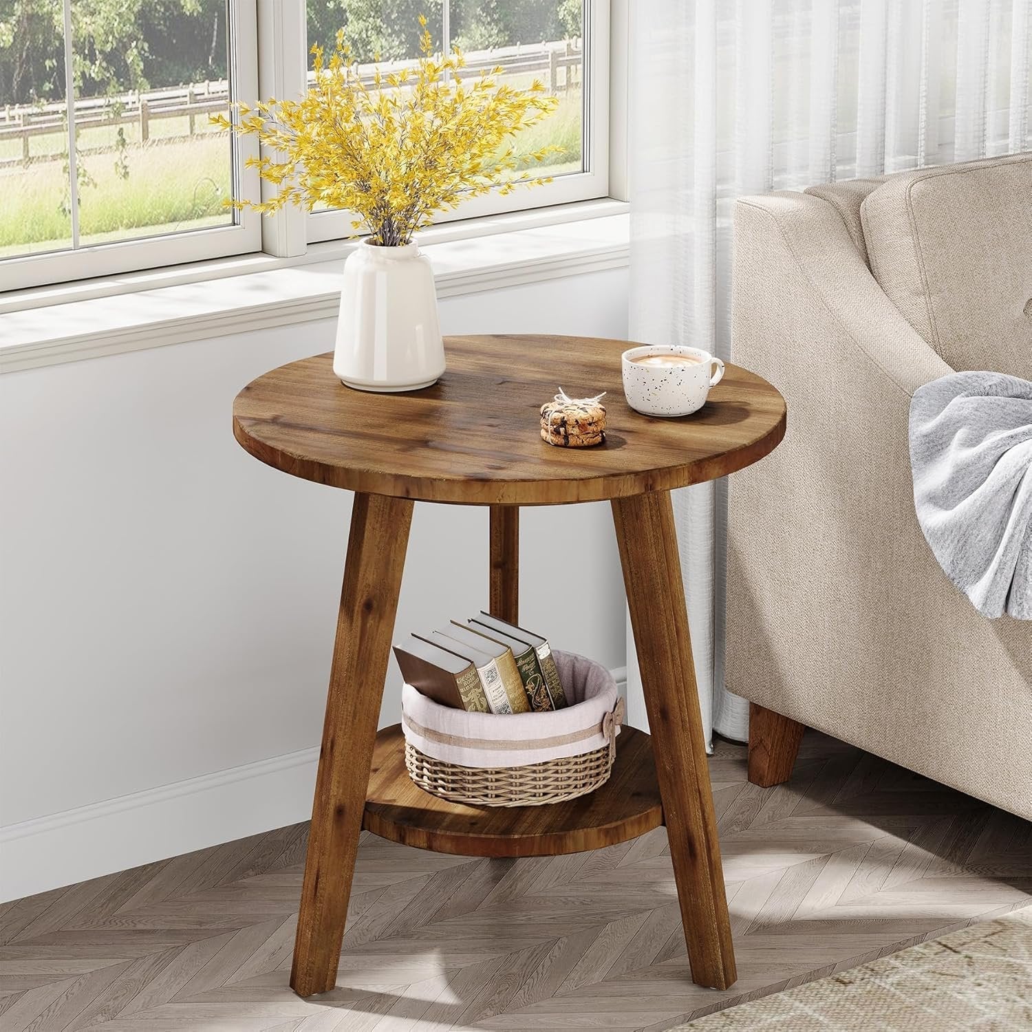 80 cm Massivholz-Beistelltisch - 2-stöckiger Landhaus-Nachtisch mit Ablage