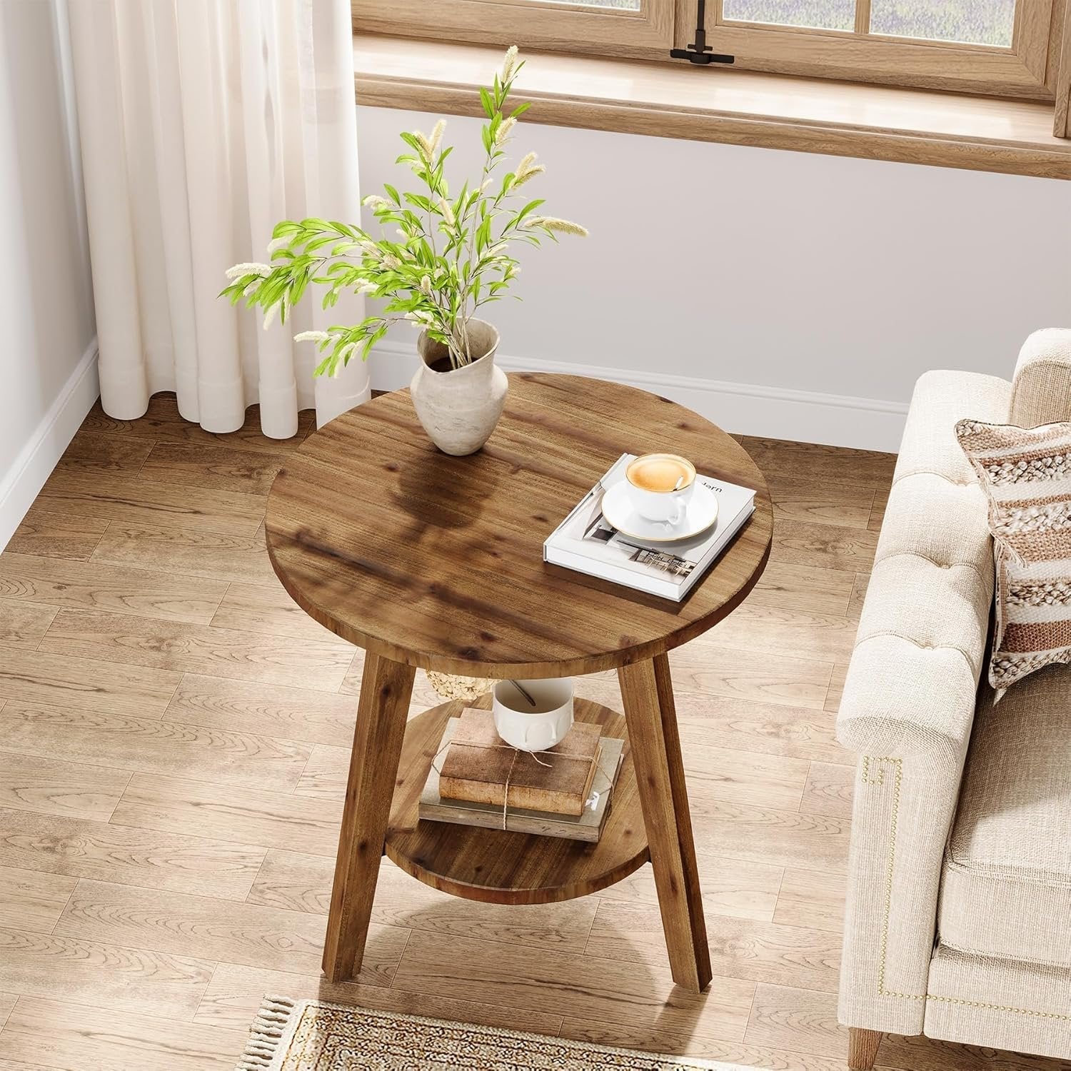80 cm Massivholz-Beistelltisch - 2-stöckiger Landhaus-Nachtisch mit Ablage