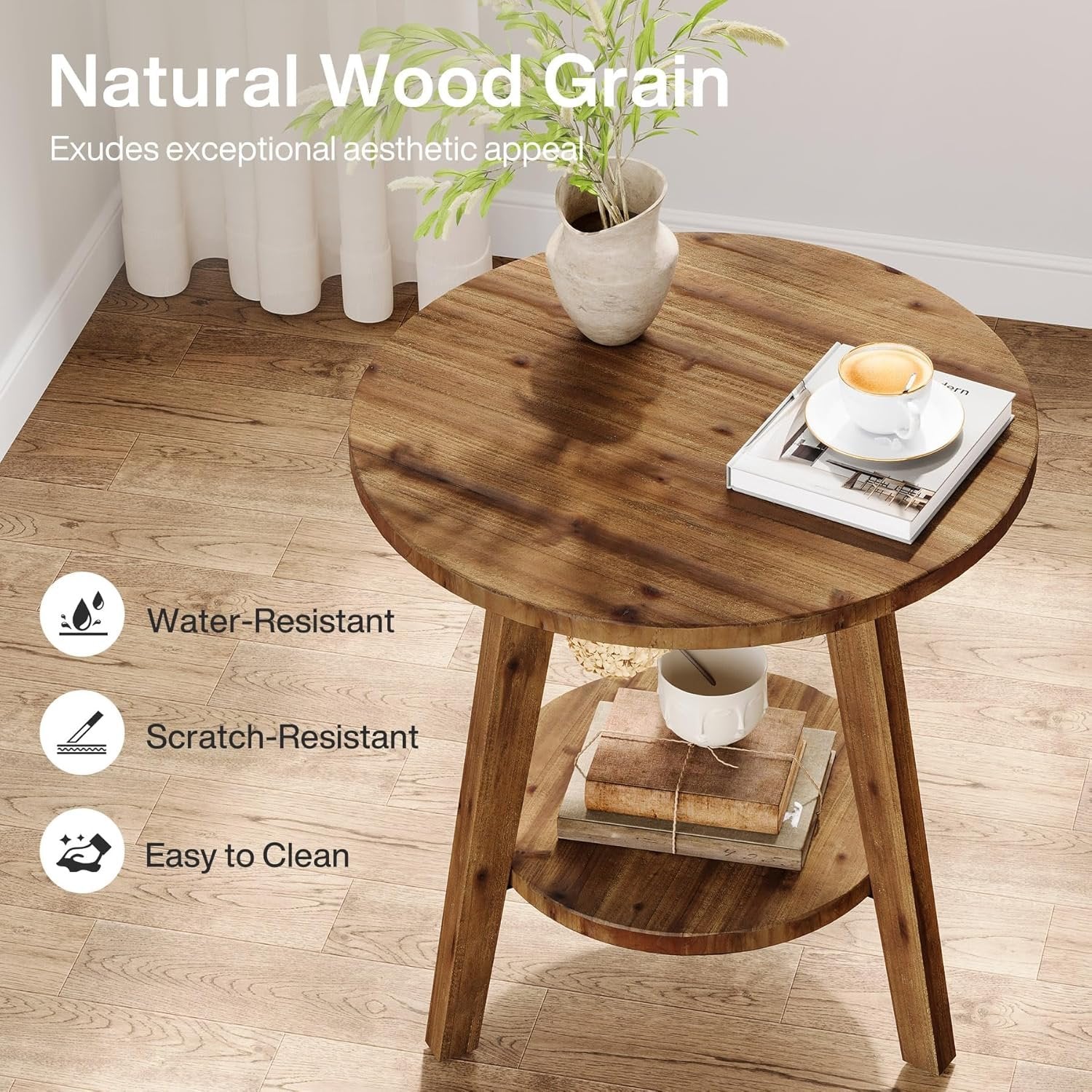 80 cm Massivholz-Beistelltisch - 2-stöckiger Landhaus-Nachtisch mit Ablage