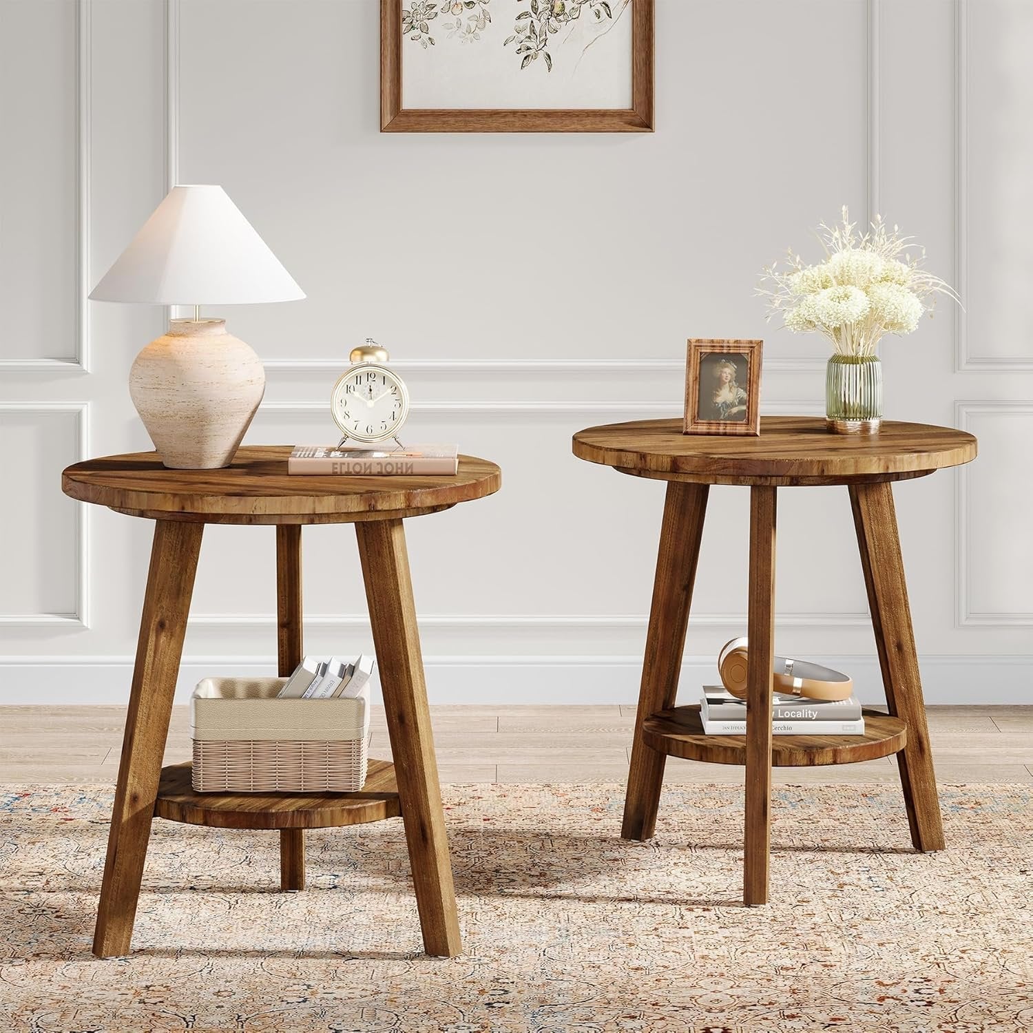 80 cm Massivholz-Beistelltisch - 2-stöckiger Landhaus-Nachtisch mit Ablage