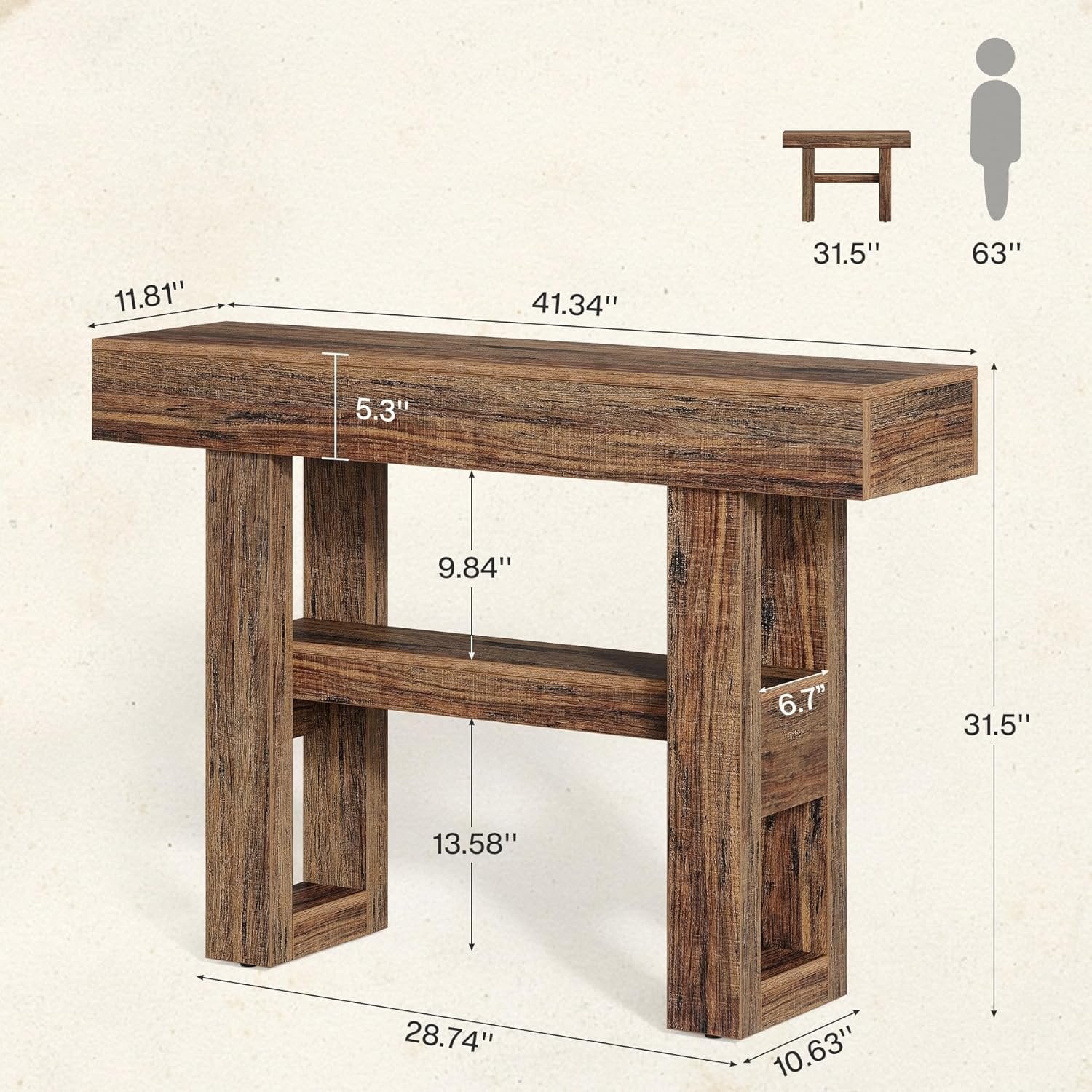 105 cm Farmhouse Konsoletisch mit 2 Ebenen - Schmaler Flurtisch in Rustikalbraun mit Ablagefächern