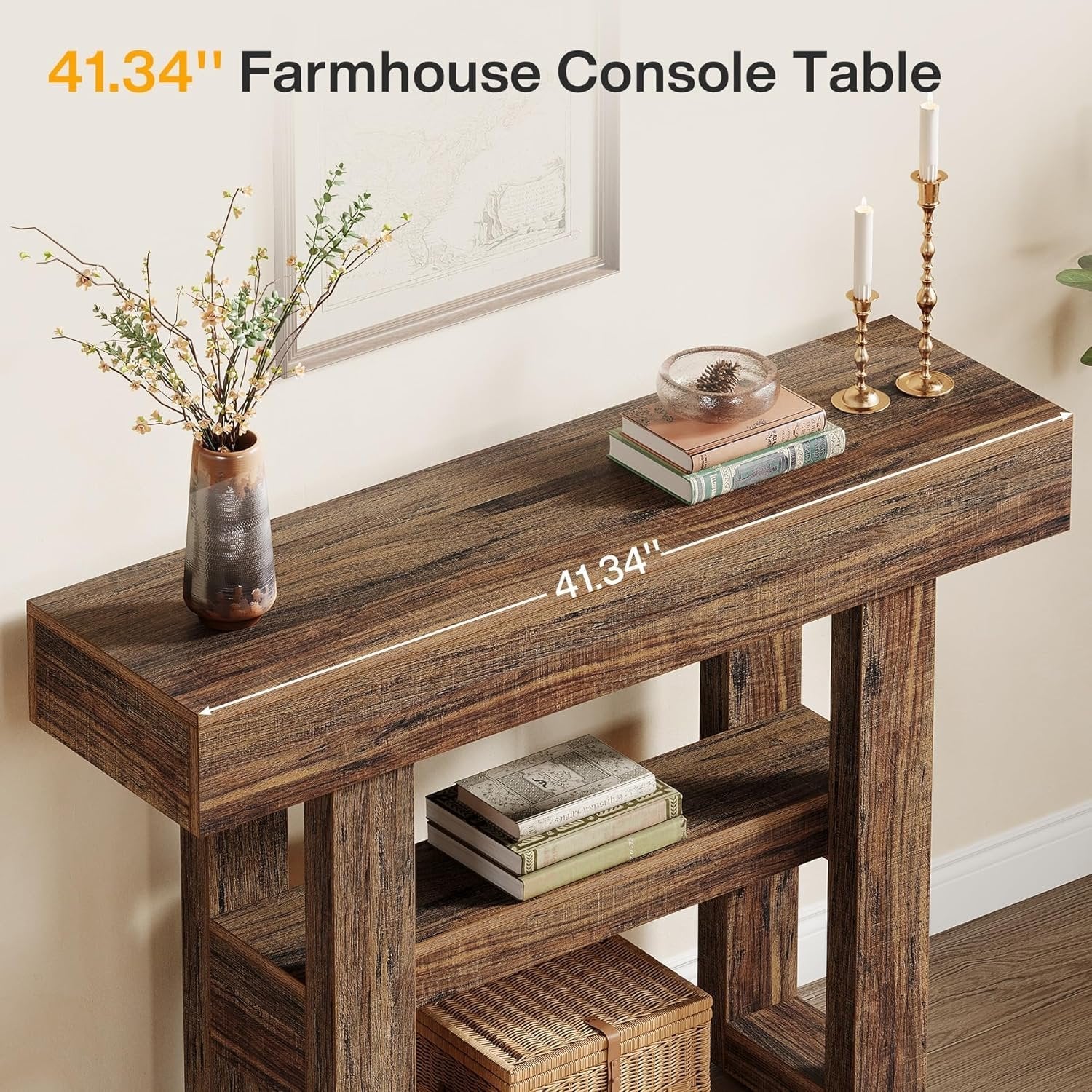 105 cm Farmhouse Konsoletisch mit 2 Ebenen - Schmaler Flurtisch in Rustikalbraun mit Ablagefächern