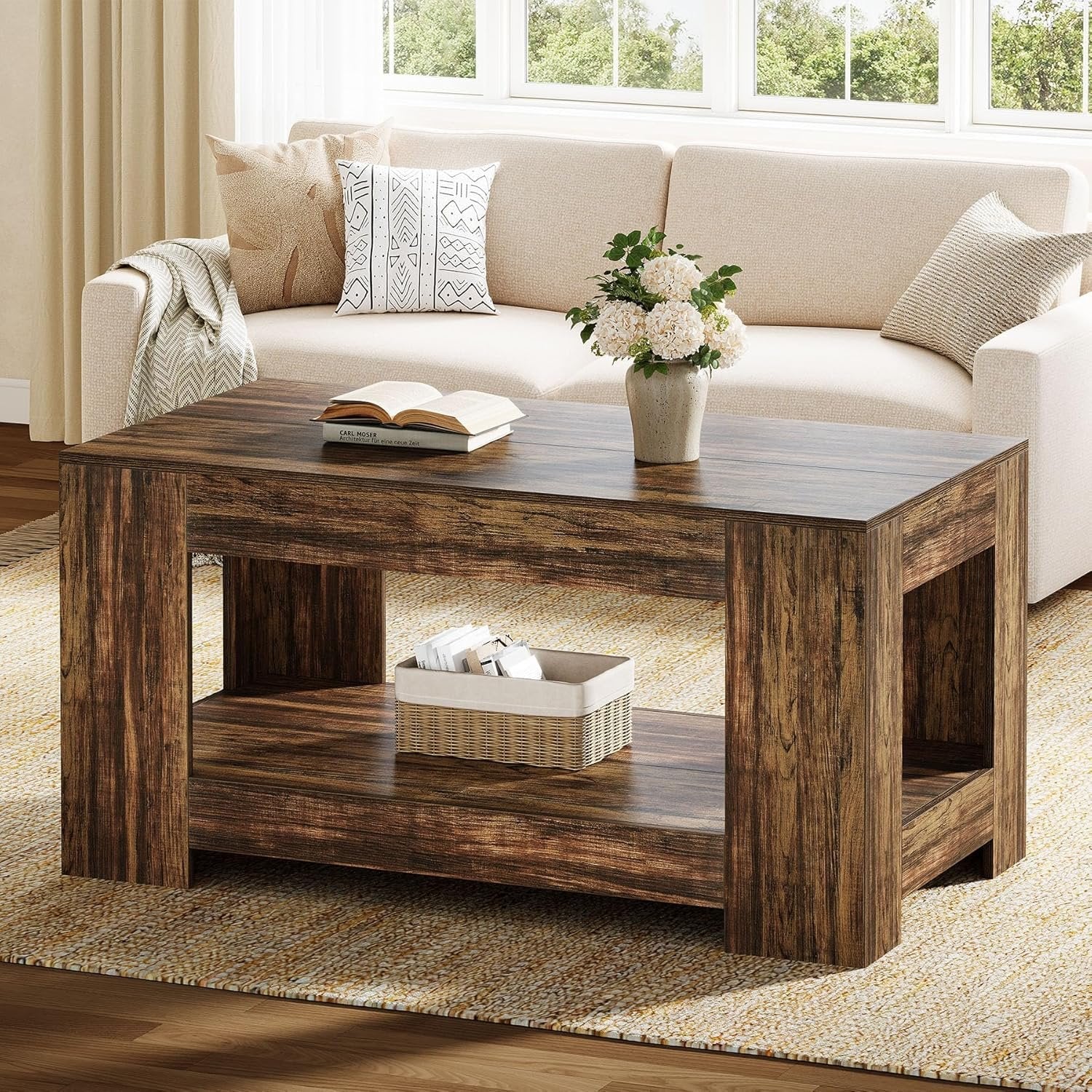 120 cm Rustikaler Couchtisch mit 2 Ebenen - Landhaus-Wohnzimmertisch mit Stauraum & einfacher Montage