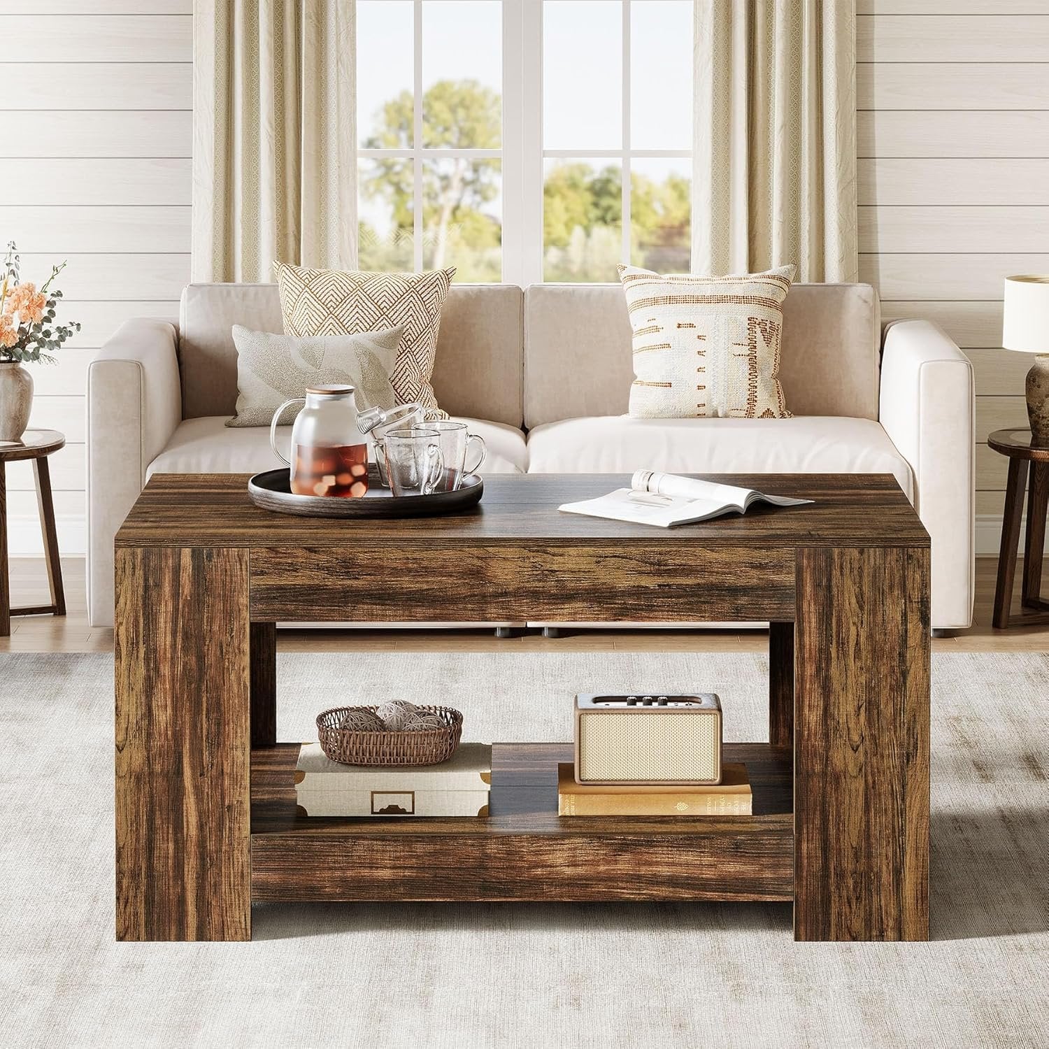 120 cm Rustikaler Couchtisch mit 2 Ebenen - Landhaus-Wohnzimmertisch mit Stauraum & einfacher Montage