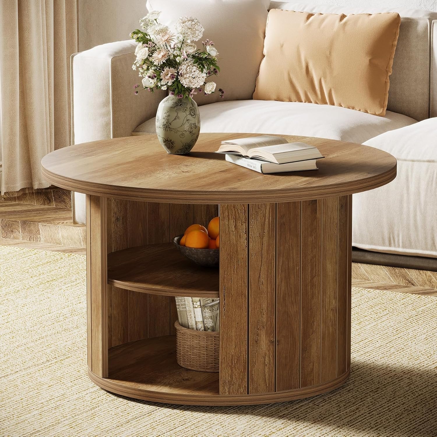 80 cm Runder Couchtisch mit Stauraum - Rustikaler Brauner Beistelltisch für Wohnzimmer