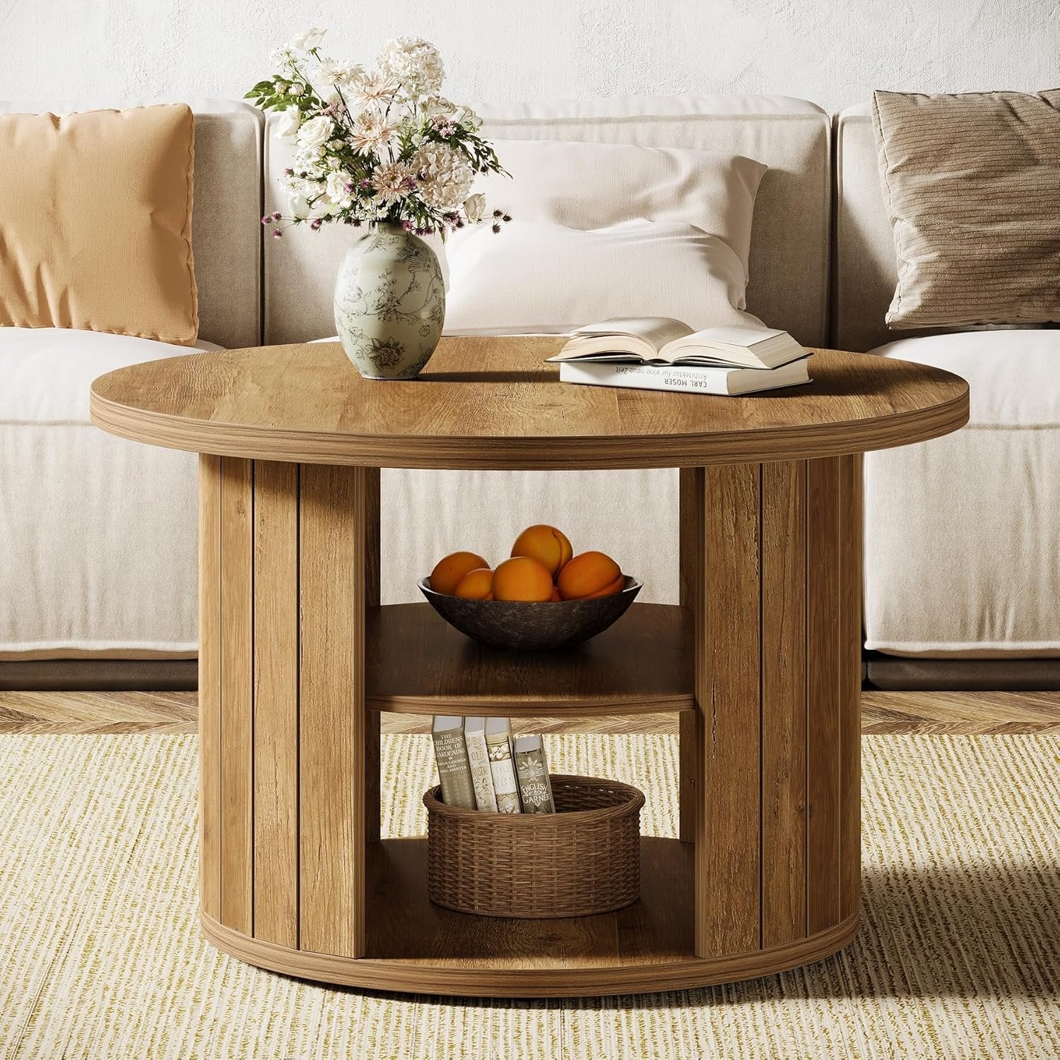 80 cm Runder Couchtisch mit Stauraum - Rustikaler Brauner Beistelltisch für Wohnzimmer