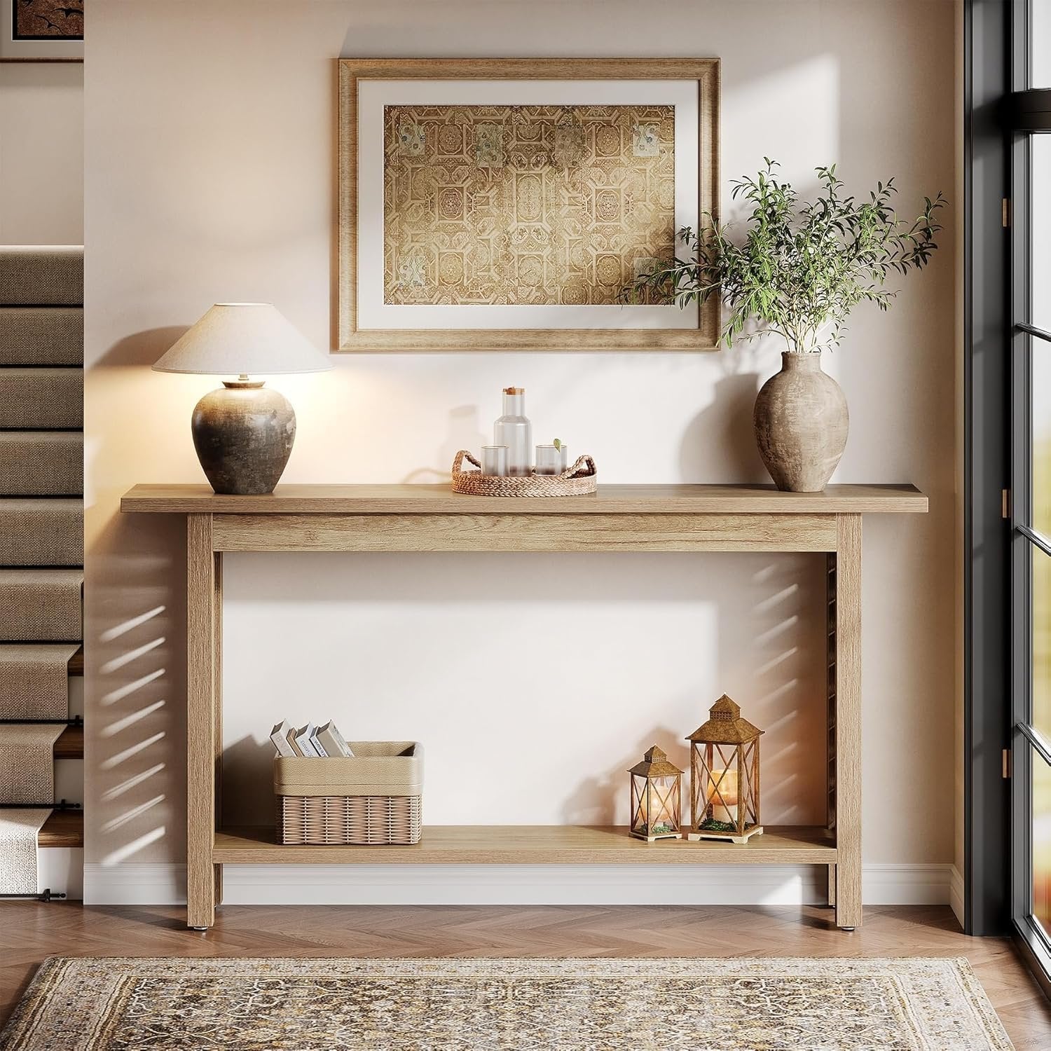 120 cm Landhaus-Konsole 2-stöckig - Schmaler Eichentisch für Flur & Wohnzimmer