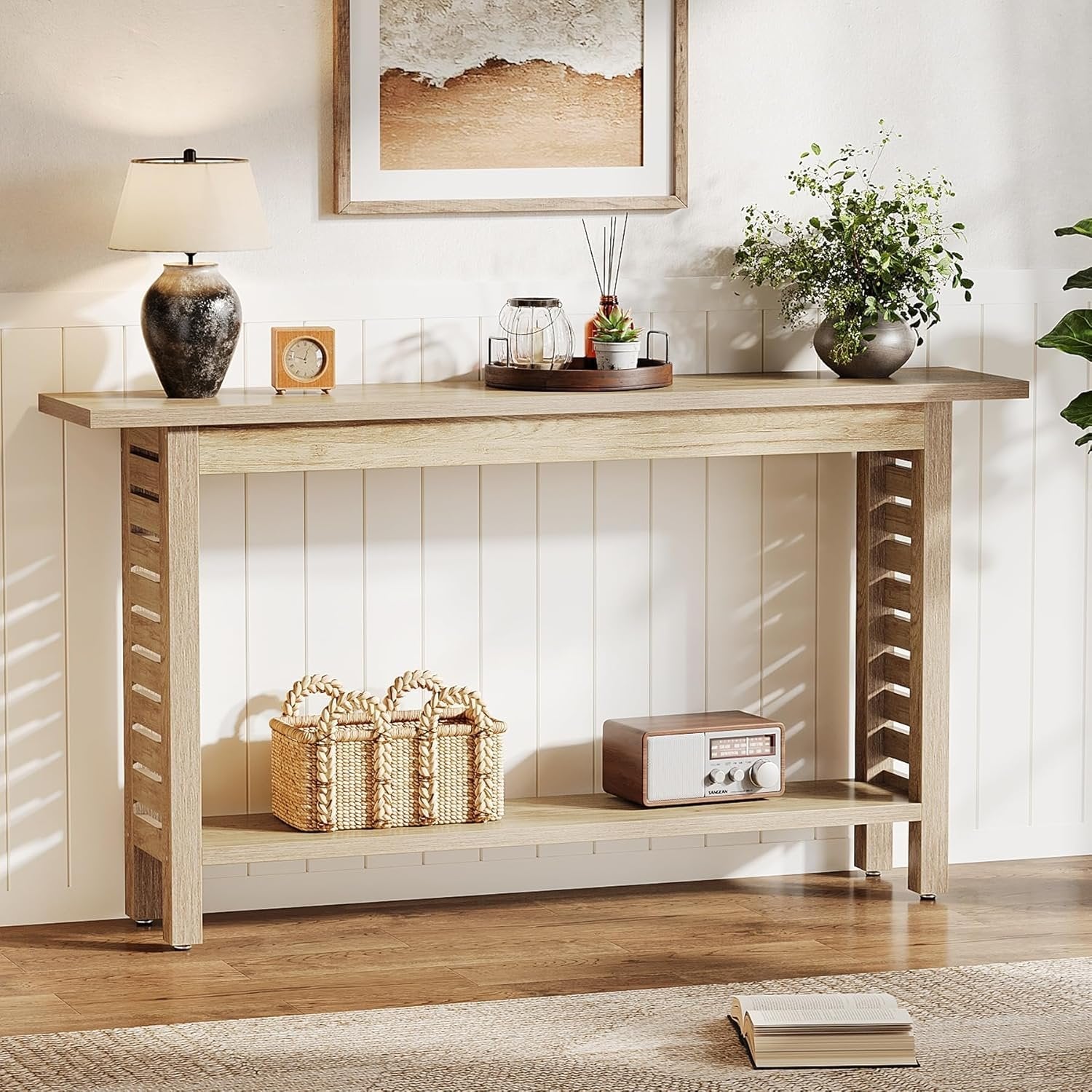 120 cm Landhaus-Konsole 2-stöckig - Schmaler Eichentisch für Flur & Wohnzimmer