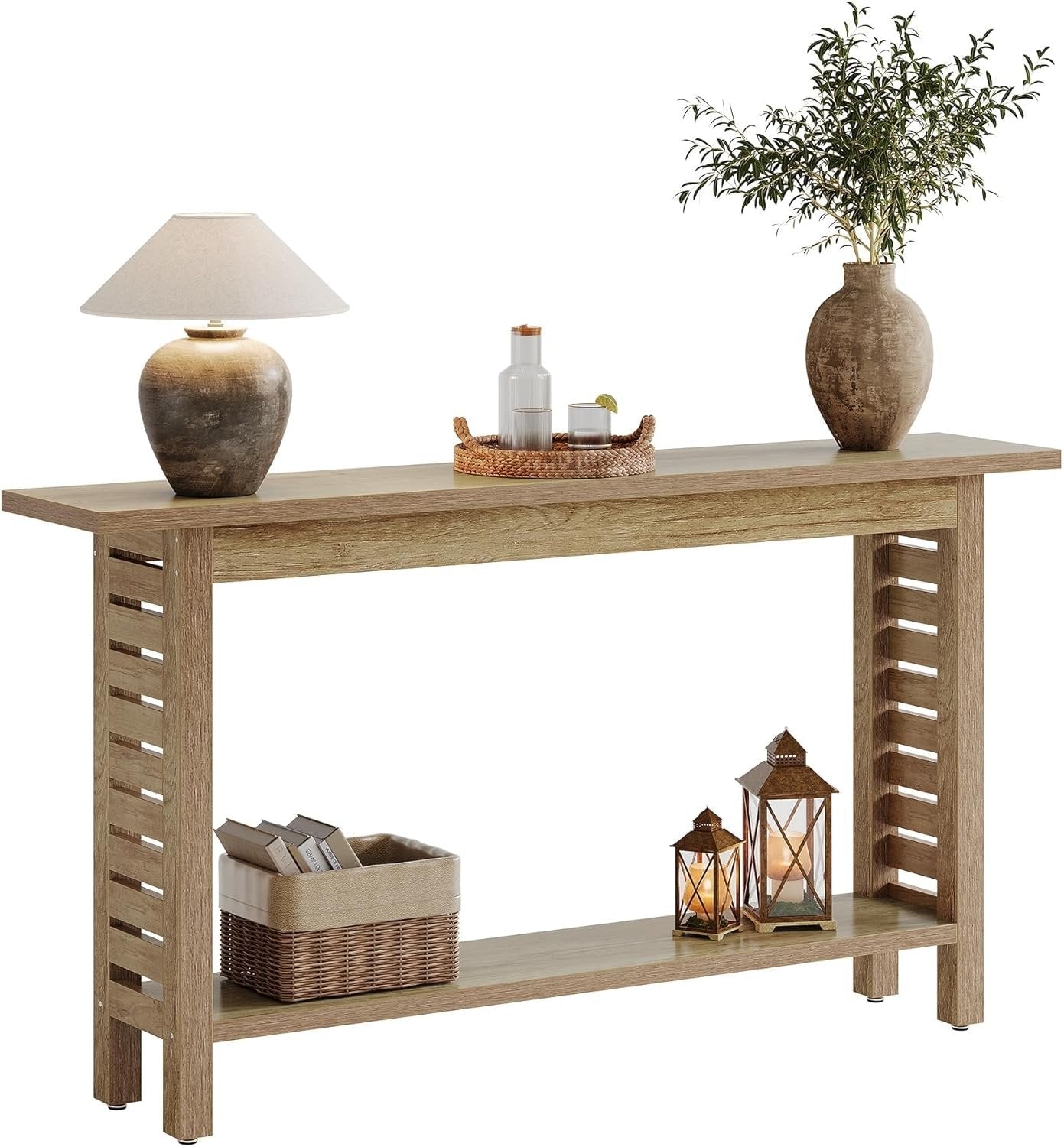 120 cm Landhaus-Konsole 2-stöckig - Schmaler Eichentisch für Flur & Wohnzimmer