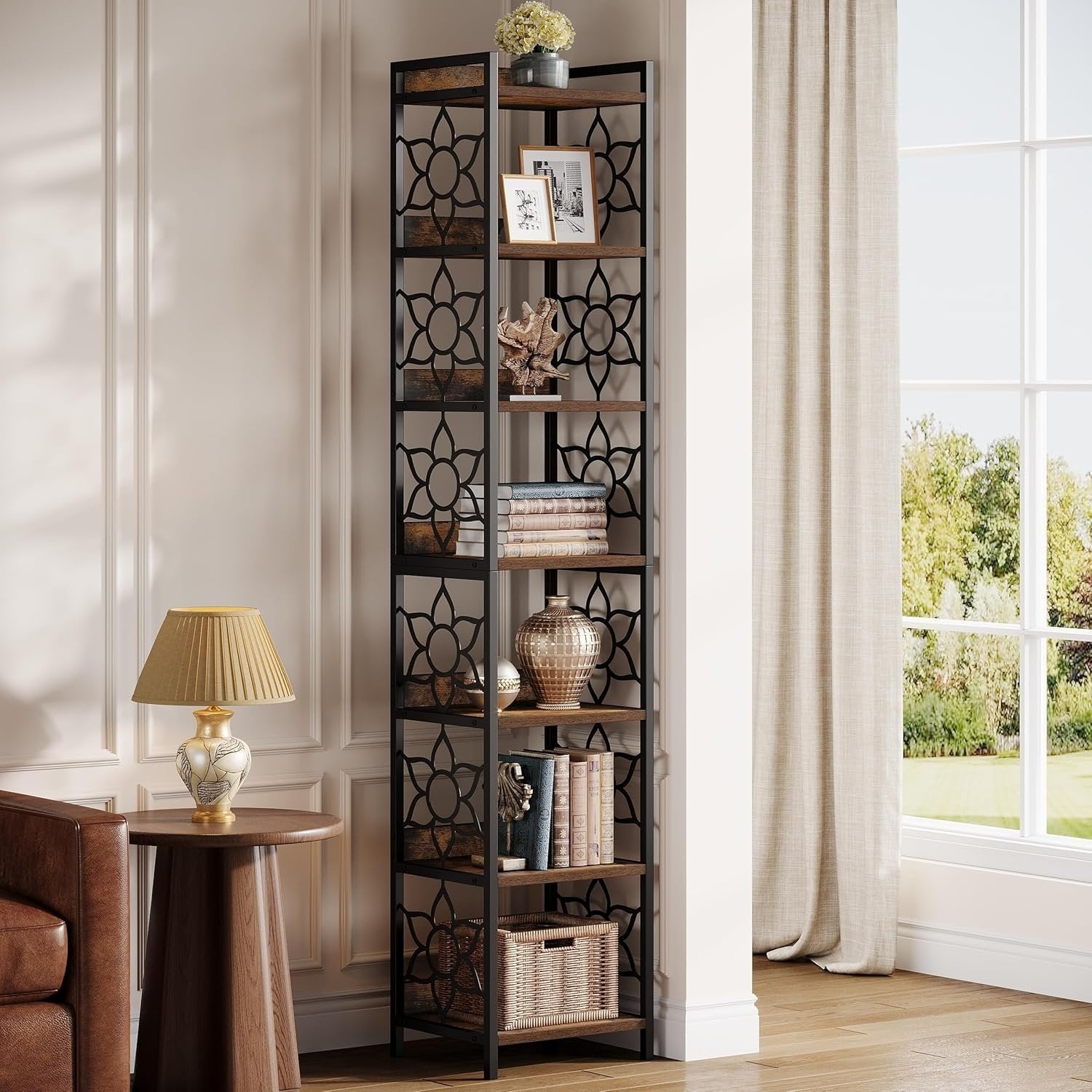 200 cm Hohes 7-Etagen-Eckregal mit Metallgestell - Schmaler Bücherregal & Pflanzenständer für Wohnzimmer, Küche, Büro