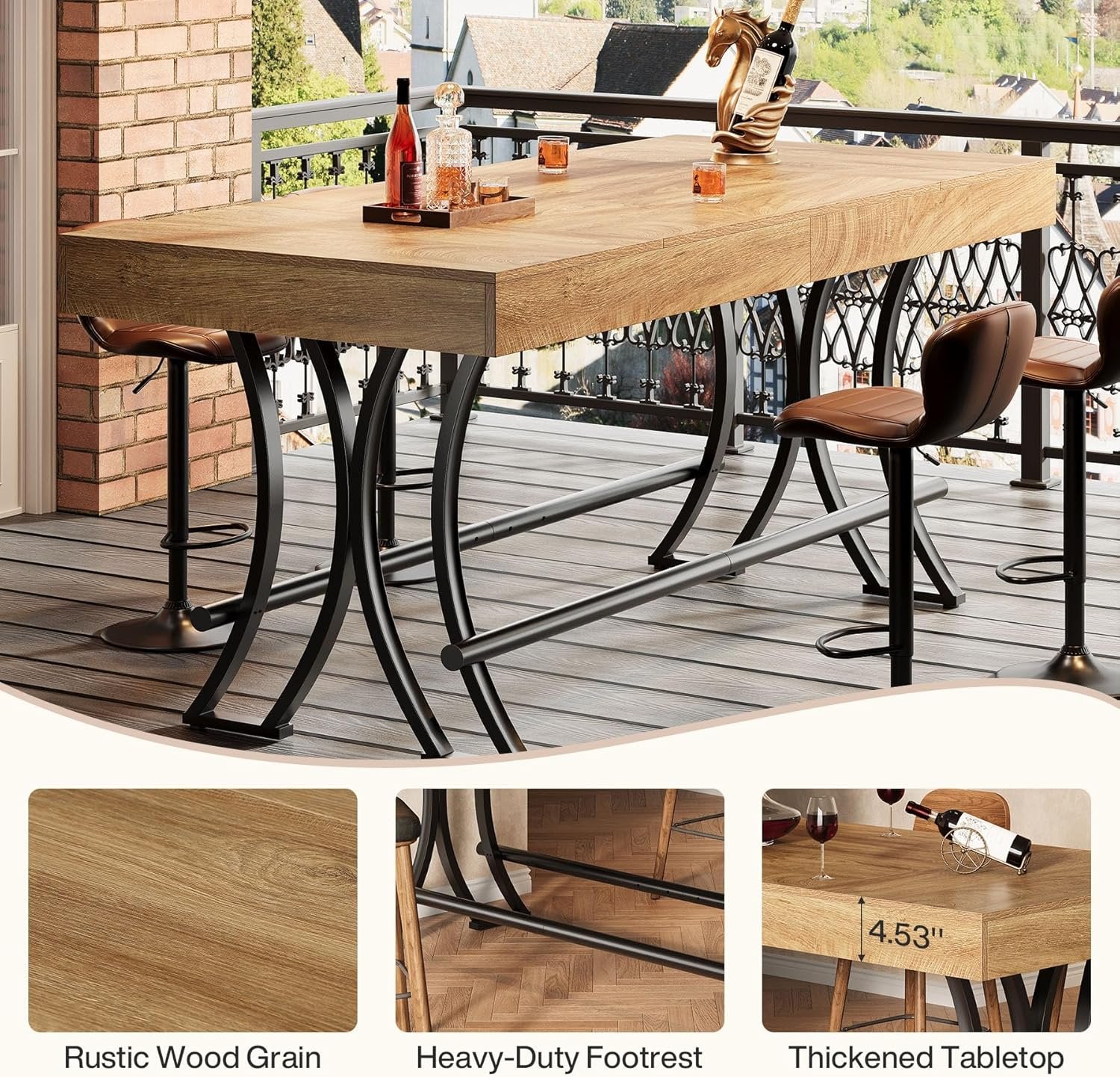 160 cm Hoher Bartisch mit Fußraste - Industrieller Küchen-Inseltisch in Rustikalbraun für Homebar & Entertainment