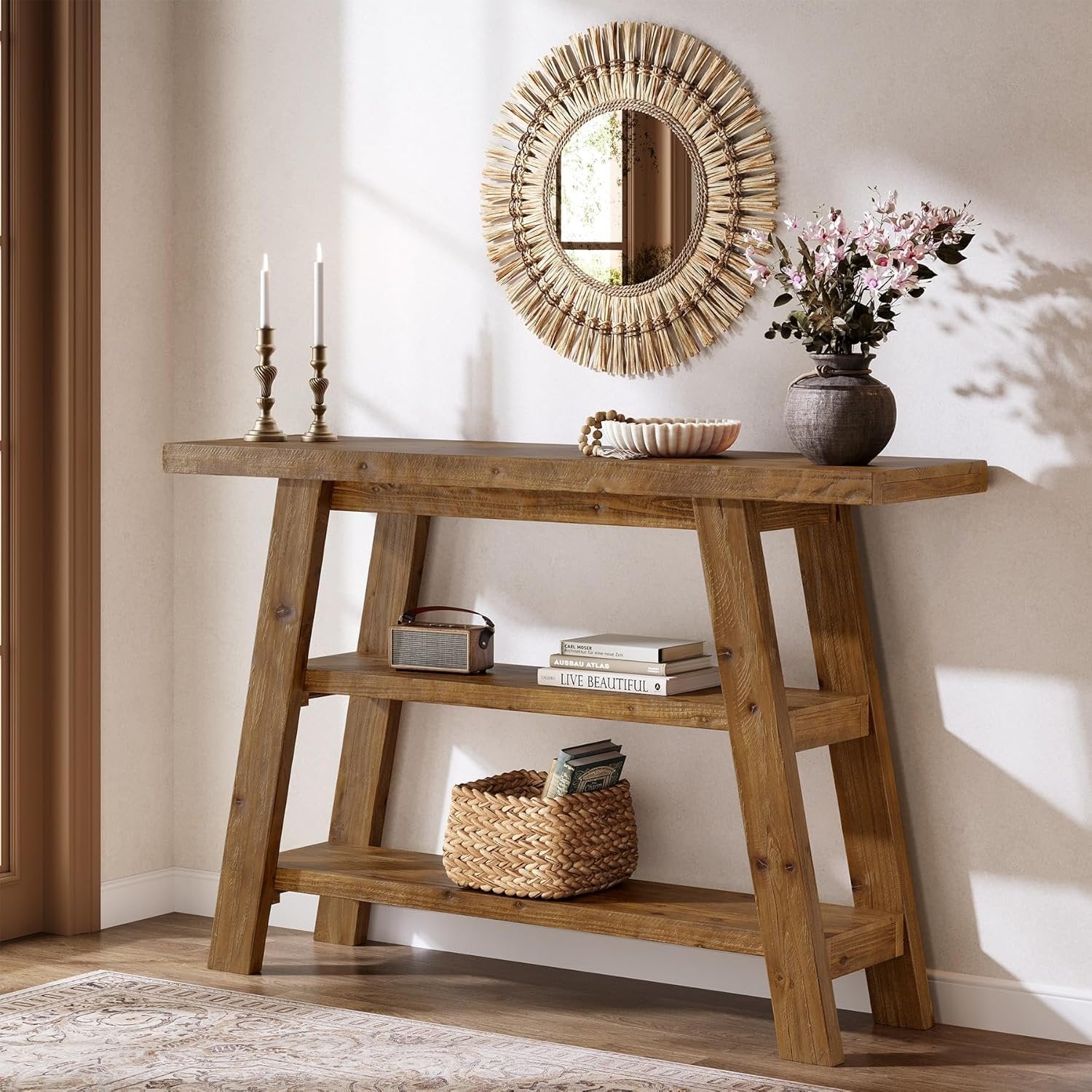 120 cm Massivholz-Konsolentisch im Landhausstil, schmaler Sofatisch mit 3 Ebenen für Eingang & Foyer