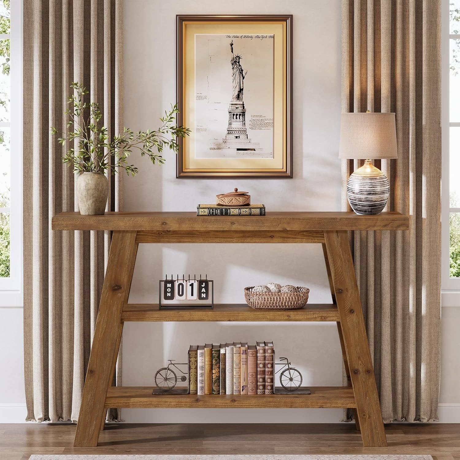 120 cm Massivholz-Konsolentisch im Landhausstil, schmaler Sofatisch mit 3 Ebenen für Eingang & Foyer