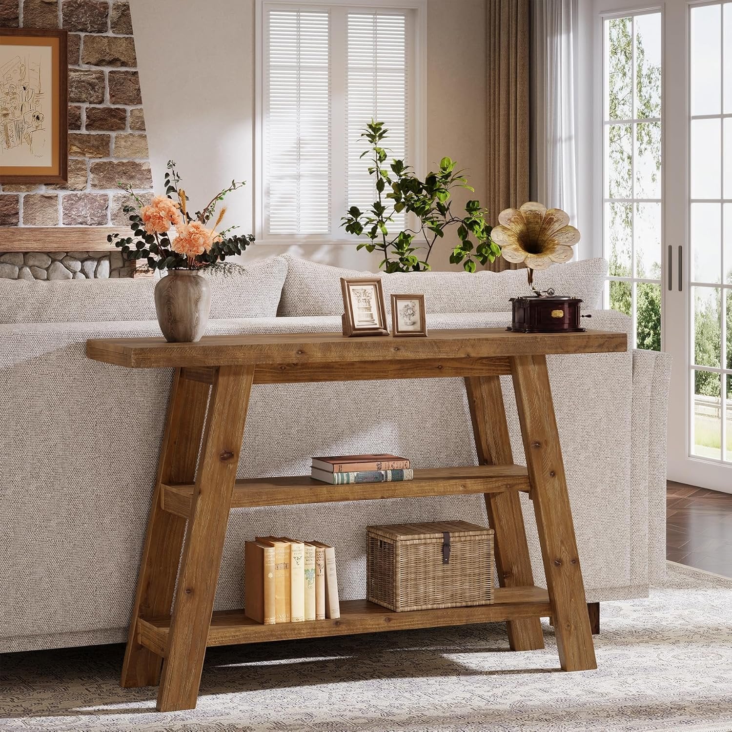 120 cm Massivholz-Konsolentisch im Landhausstil, schmaler Sofatisch mit 3 Ebenen für Eingang & Foyer