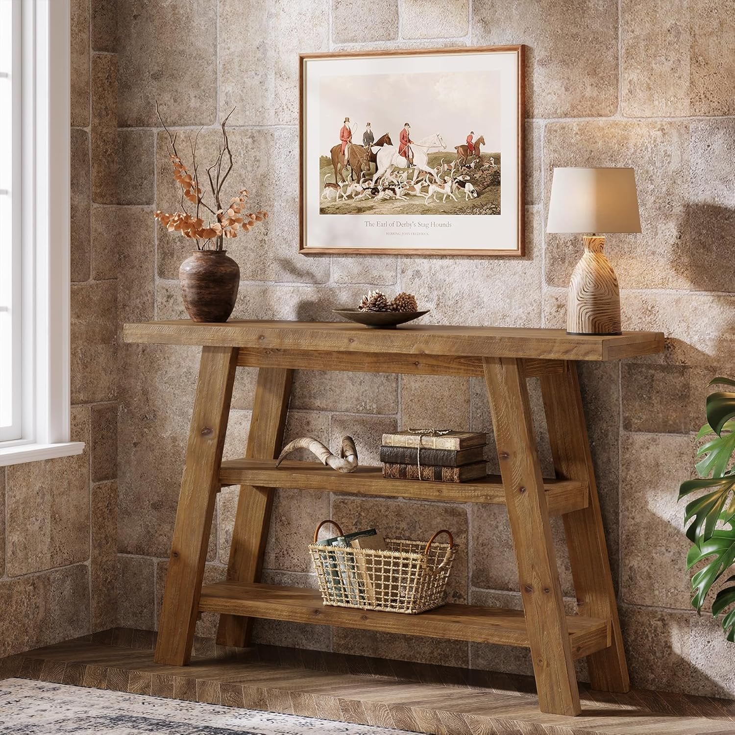 120 cm Massivholz-Konsolentisch im Landhausstil, schmaler Sofatisch mit 3 Ebenen für Eingang & Foyer