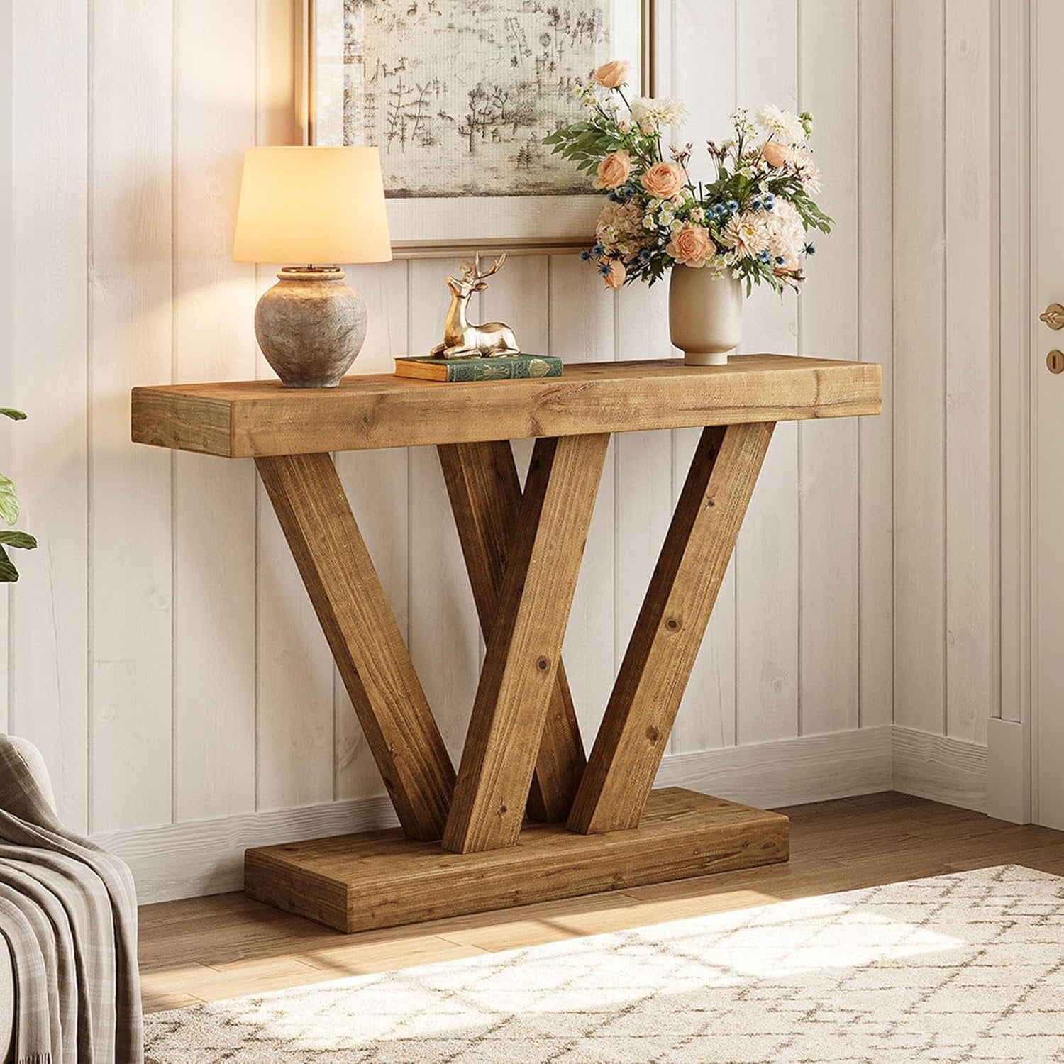 120 cm Massivholz-Konsole - Schmaler Couchtisch im Vintage-Design für Flur & Wohnzimmer