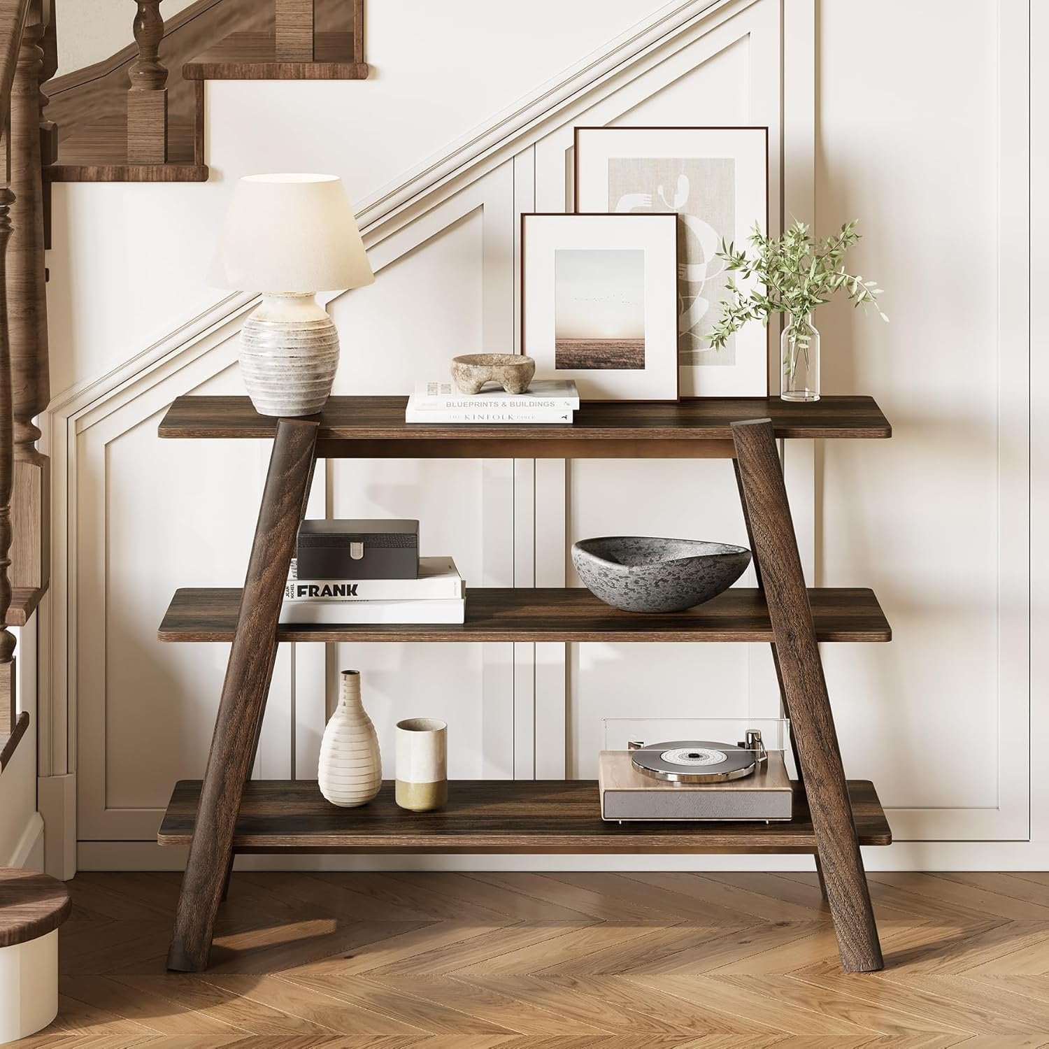 105 cm Landhaus-Konsole - 3-stöckiger schmaler Couchtisch mit offenen Regalen in Rustikal Braun