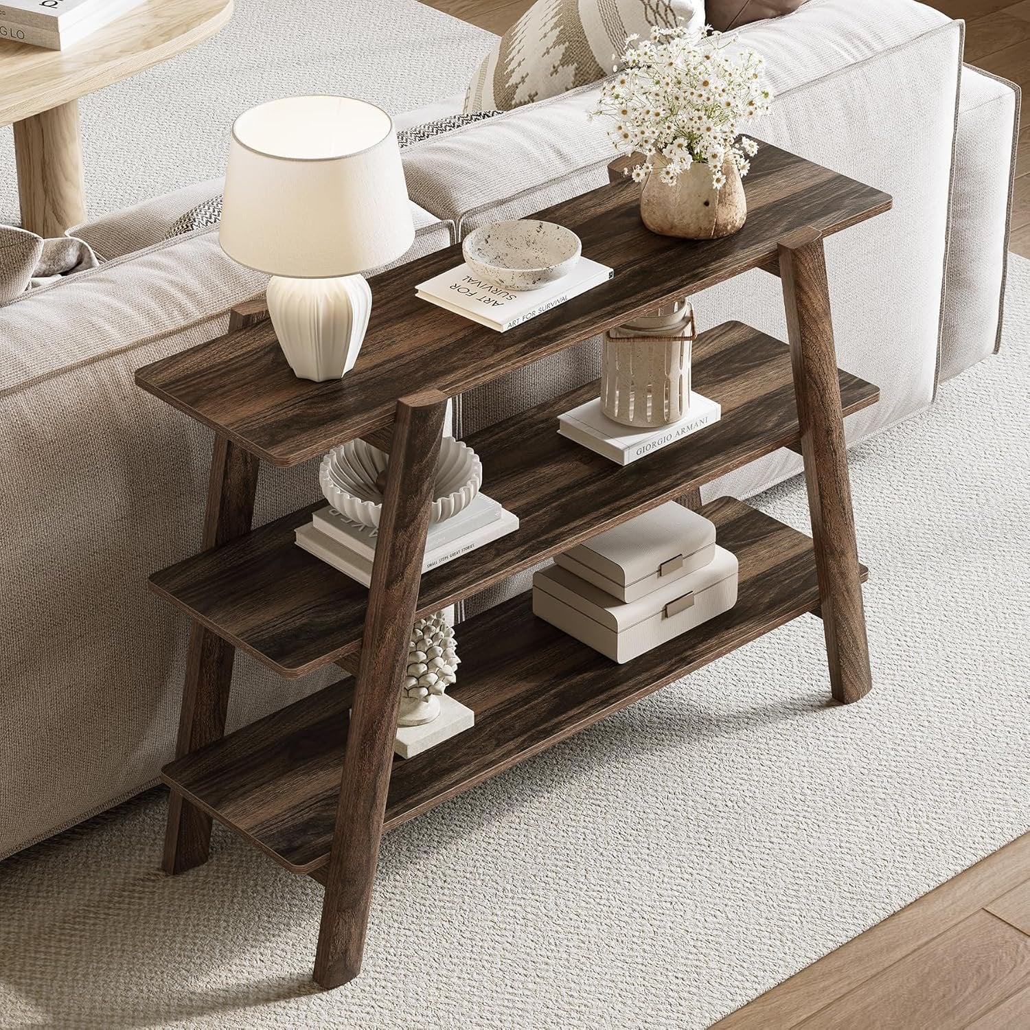 105 cm Landhaus-Konsole - 3-stöckiger schmaler Couchtisch mit offenen Regalen in Rustikal Braun
