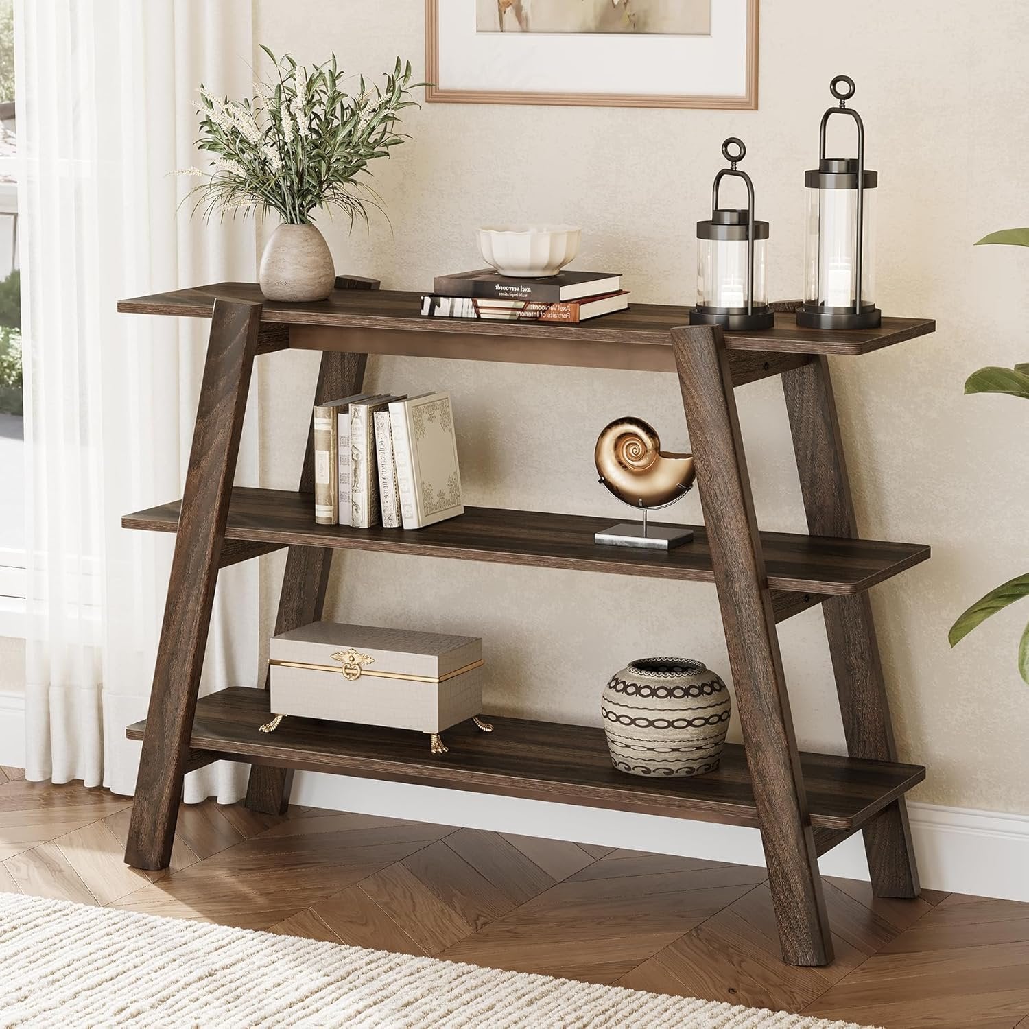 105 cm Landhaus-Konsole - 3-stöckiger schmaler Couchtisch mit offenen Regalen in Rustikal Braun