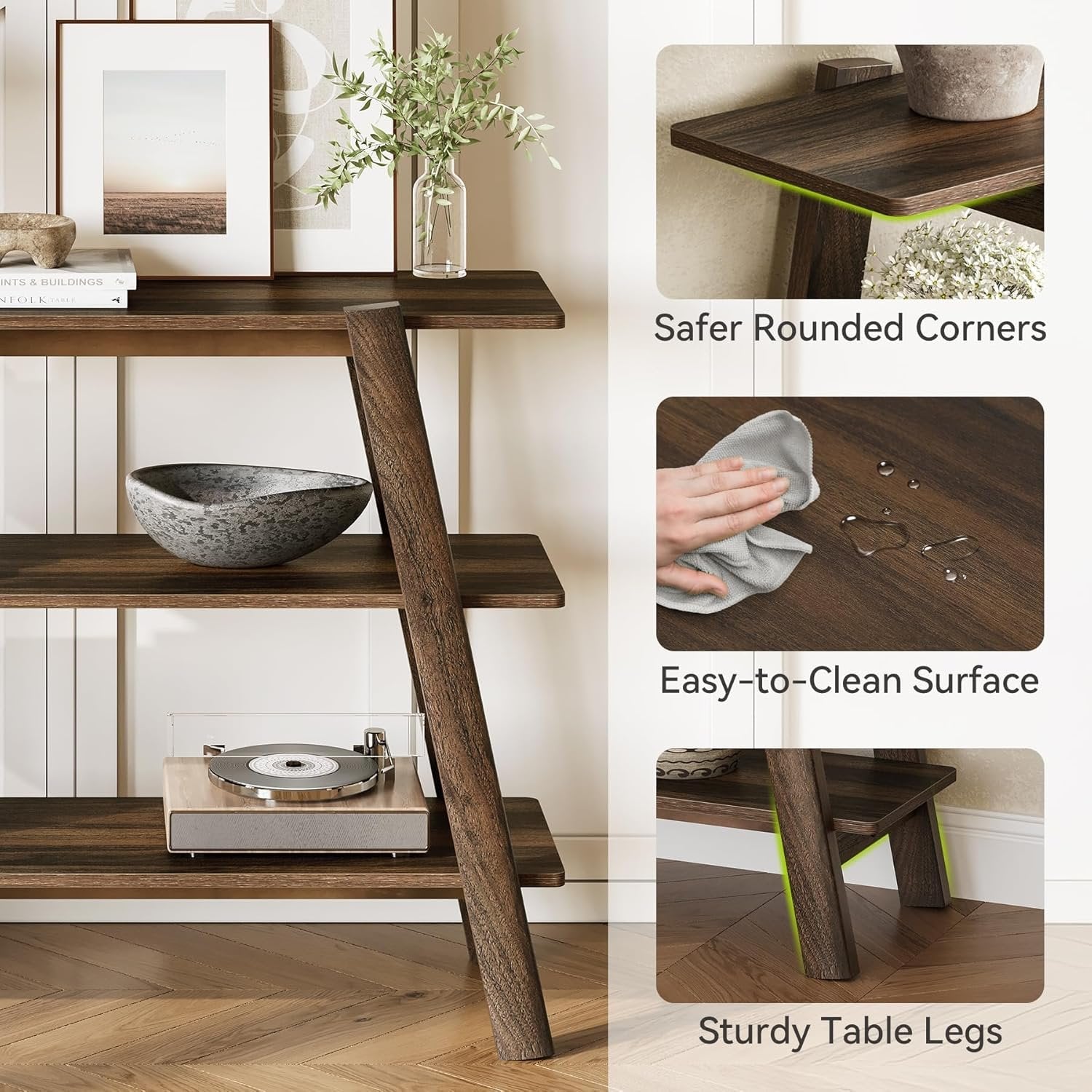 105 cm Landhaus-Konsole - 3-stöckiger schmaler Couchtisch mit offenen Regalen in Rustikal Braun