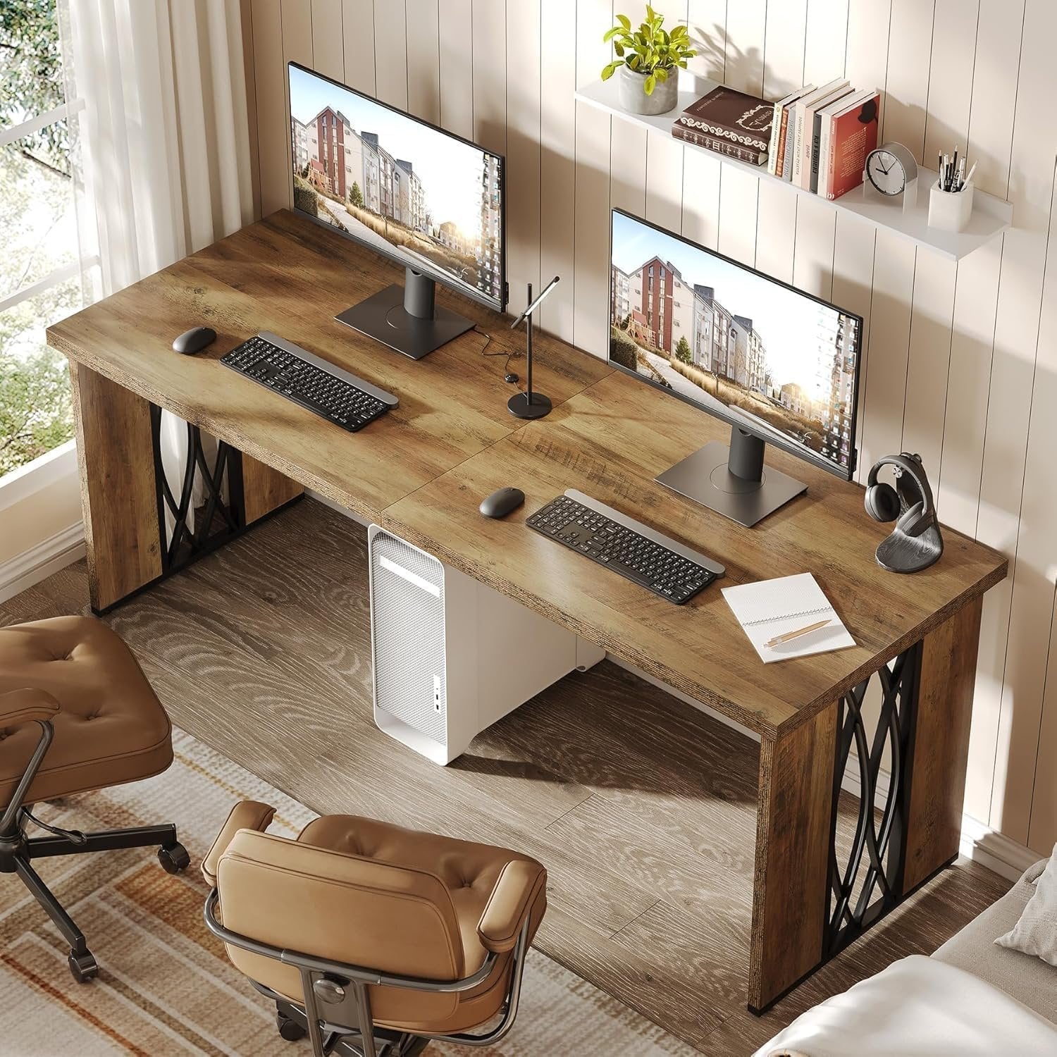 200 cm Industrieller Schreibtisch - Doppelt breiter Bürotisch in Braun für Homeoffice & Konferenz