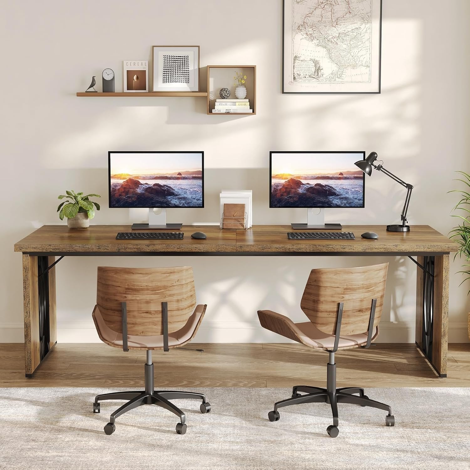 200 cm Industrieller Schreibtisch - Doppelt breiter Bürotisch in Braun für Homeoffice & Konferenz