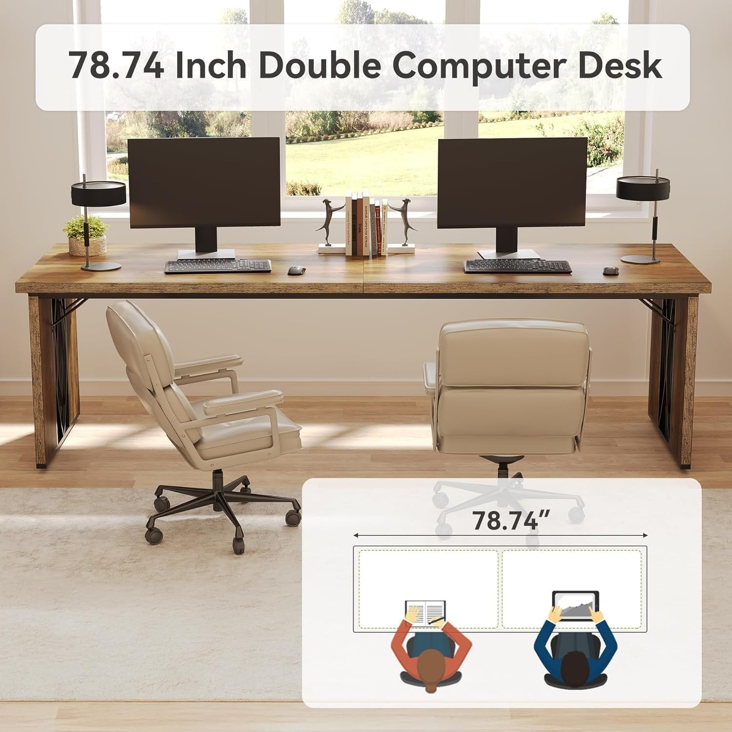 200 cm Industrieller Schreibtisch - Doppelt breiter Bürotisch in Braun für Homeoffice & Konferenz