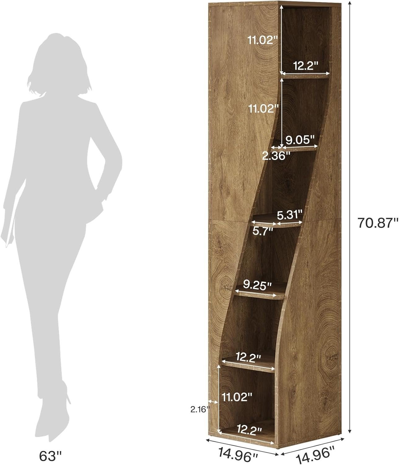 180 cm 6-Etagen-Eckregal - Schmaler Industriestil-Bücherregal in Hellbraun für Wohnzimmer & Homeoffice