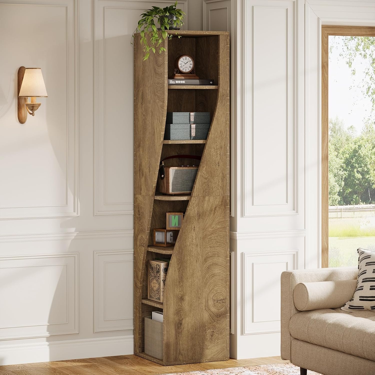 180 cm 6-Etagen-Eckregal - Schmaler Industriestil-Bücherregal in Hellbraun für Wohnzimmer & Homeoffice